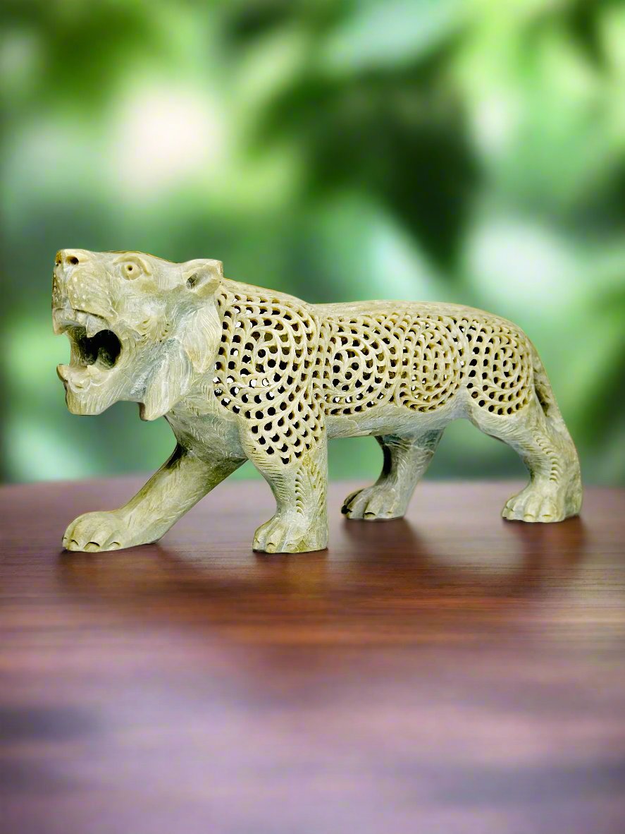 Hand-Carved Natural Soapstone Imperial Tiger - 12"L x 3"B x 5.5"H - Tejo