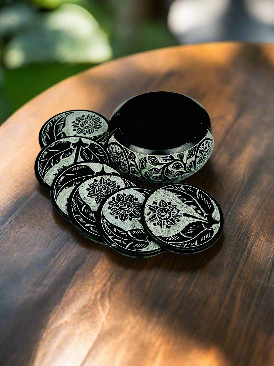 Midnight Bloom Hand Carved Soapstone Coasters – 1.5"H x 4"D - Tejo