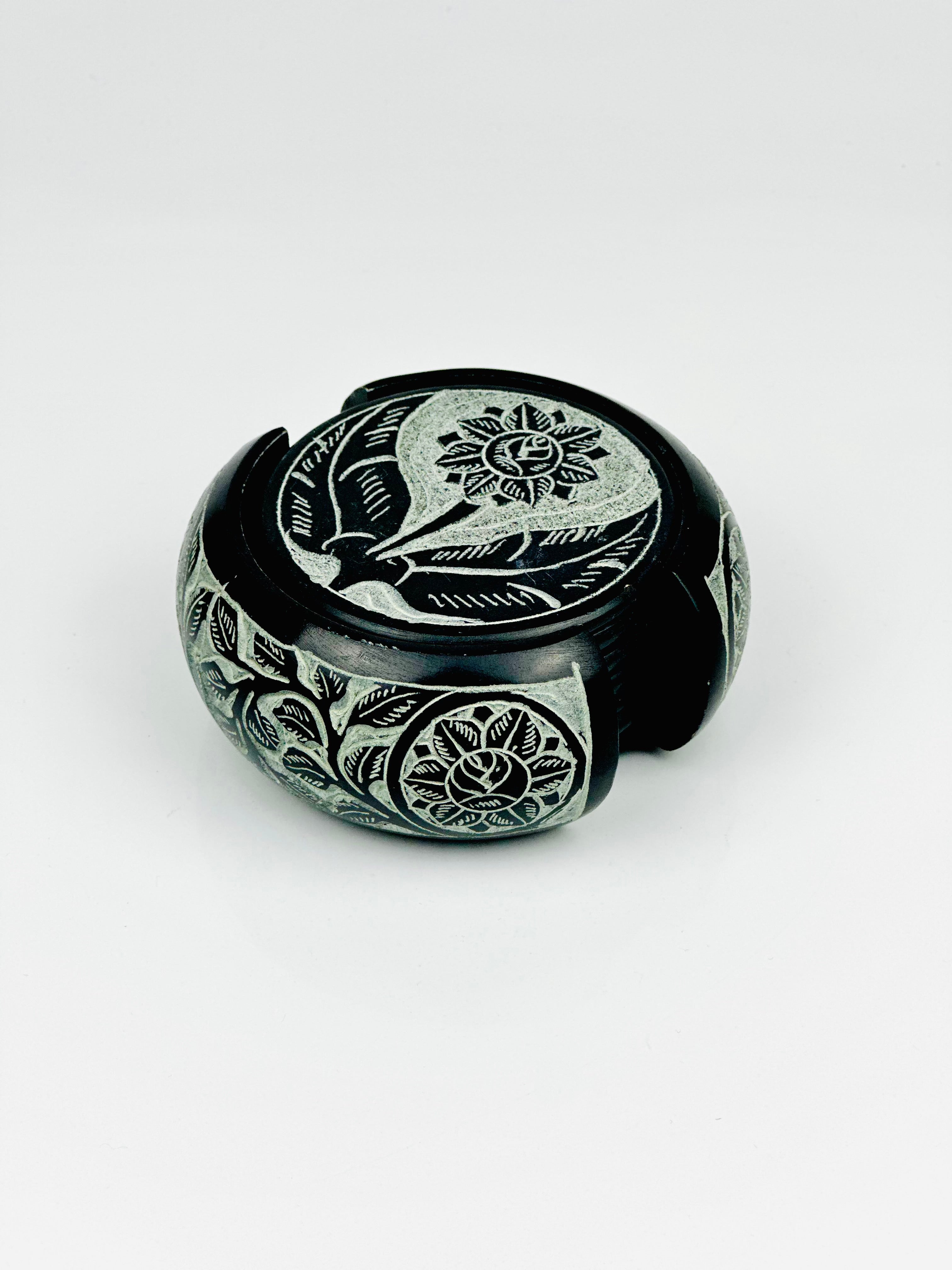 Midnight Bloom Hand Carved Soapstone Coasters – 1.5"H x 4"D - Tejo
