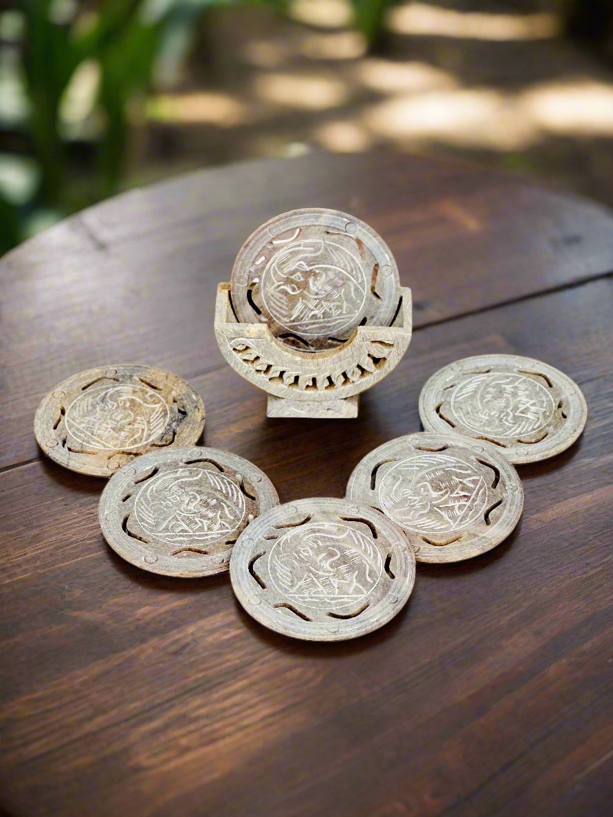 Jungle Pride Hand Carved Soapstone Coasters –4"L x 1.7"B x 4"H - Tejo