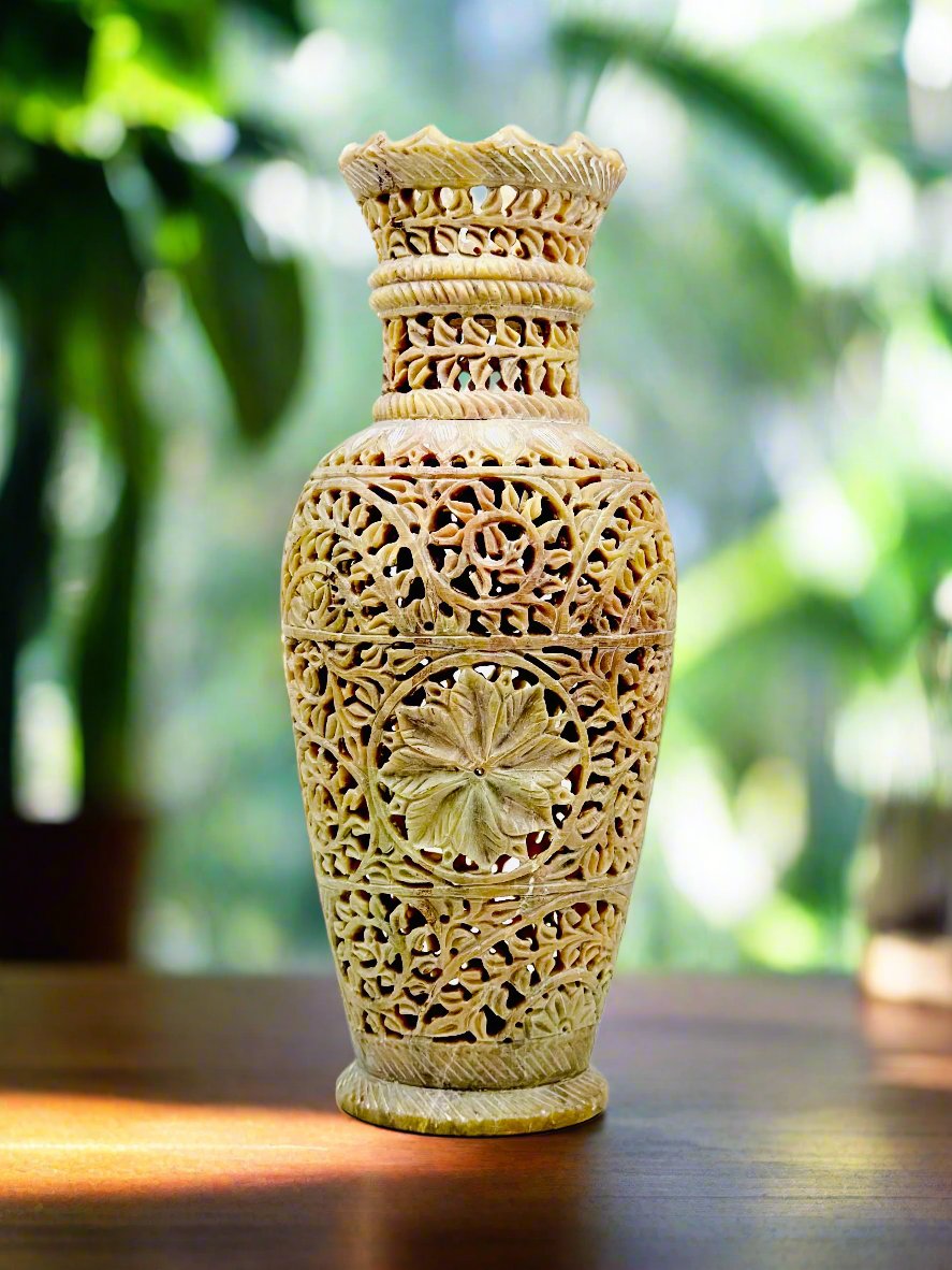 Celestial Empress Hand-Carved Soapstone Vase - 12"H x 4.5"B x 3.5"TD - Tejo