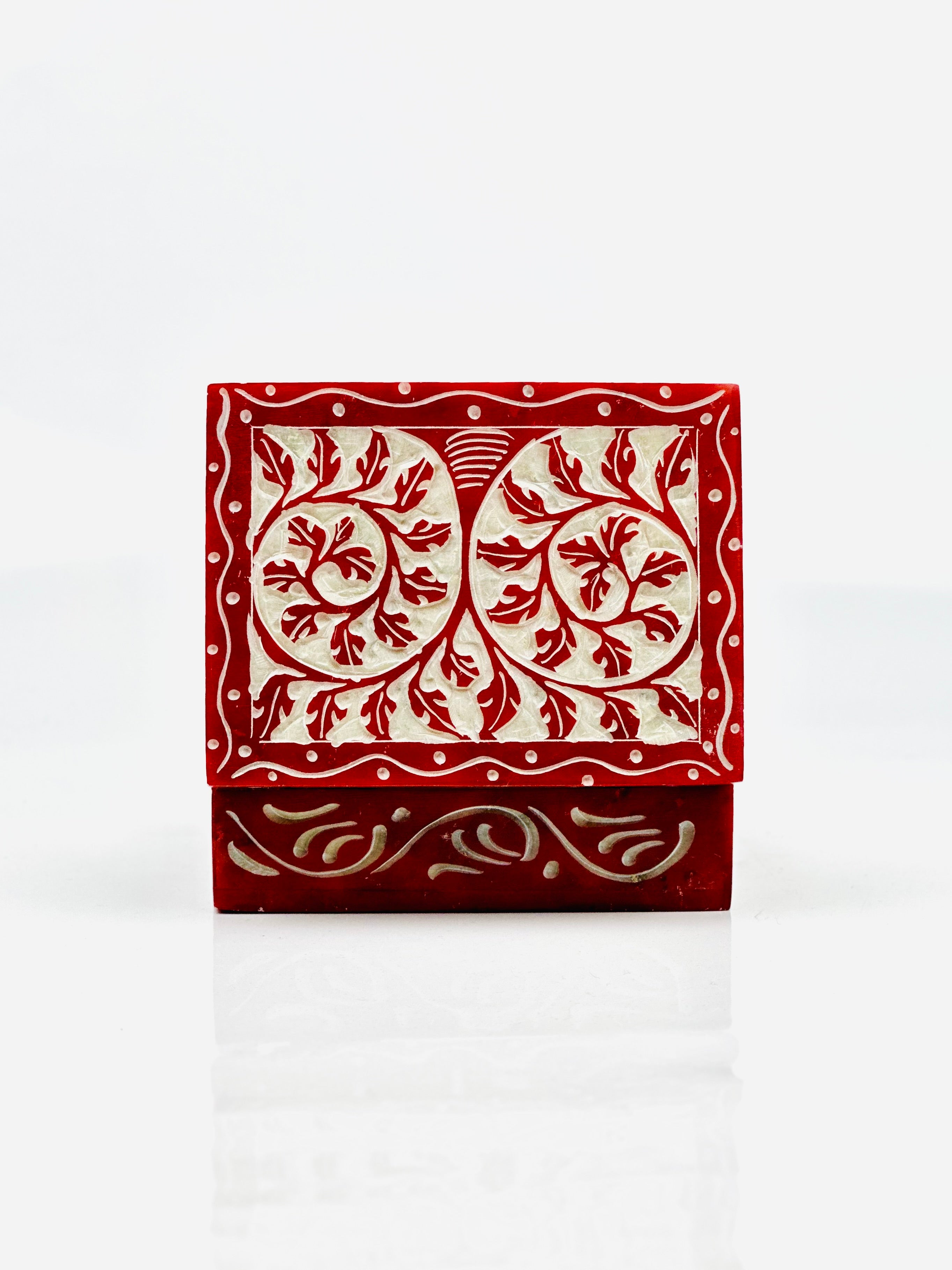 Scarlet Grove Hand-Carved Soapstone Box - 4"L x 3"B x 1.5"H - Tejo