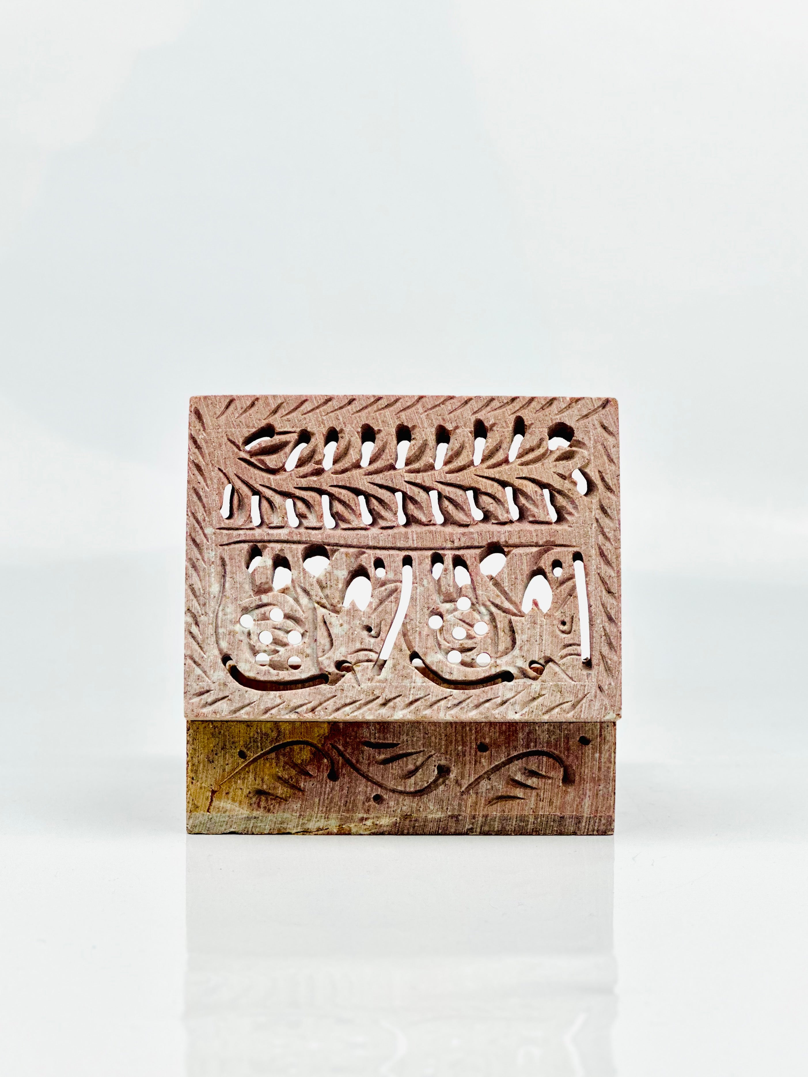 Safari Elephant Carving Hand-Carved Soapstone Box - 4"L x 3"B x 1.5"H - Tejo