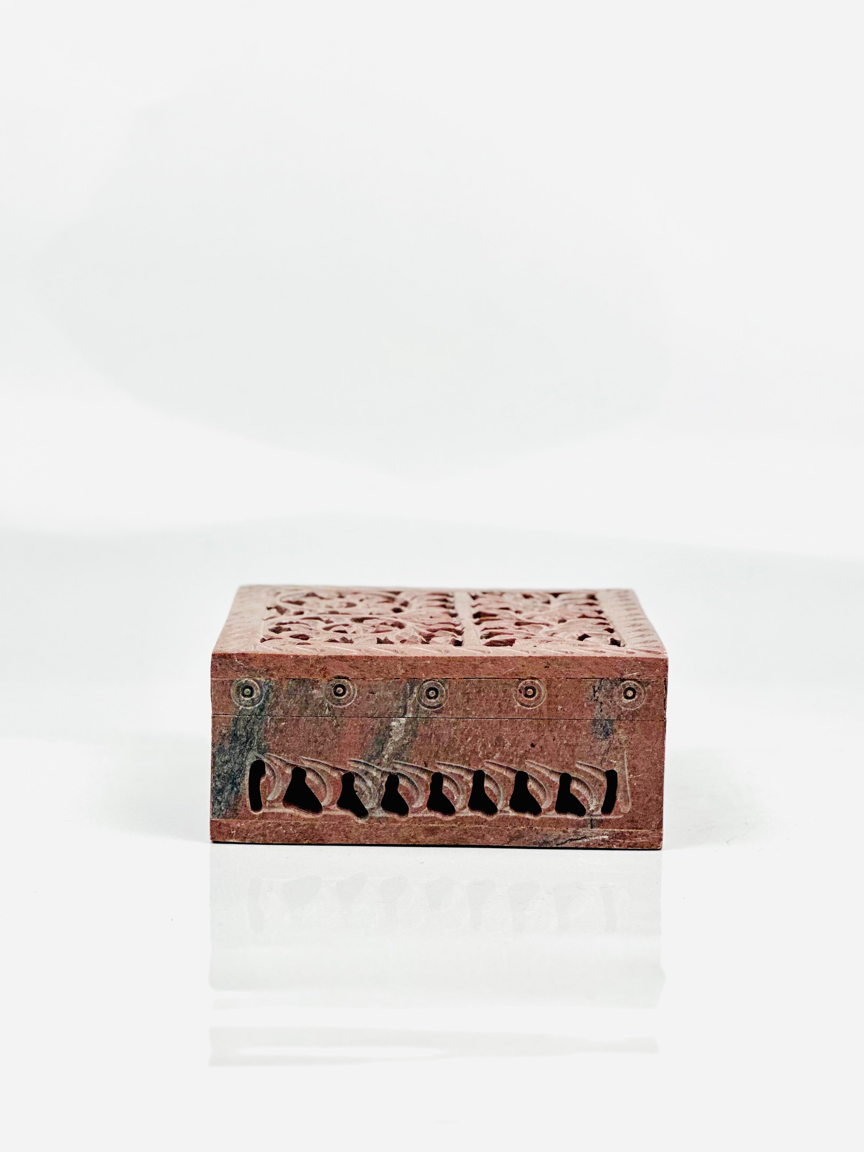 Verdant Hand-Carved Soapstone Box - 4"L x 4"B x 1.5"H - Tejo