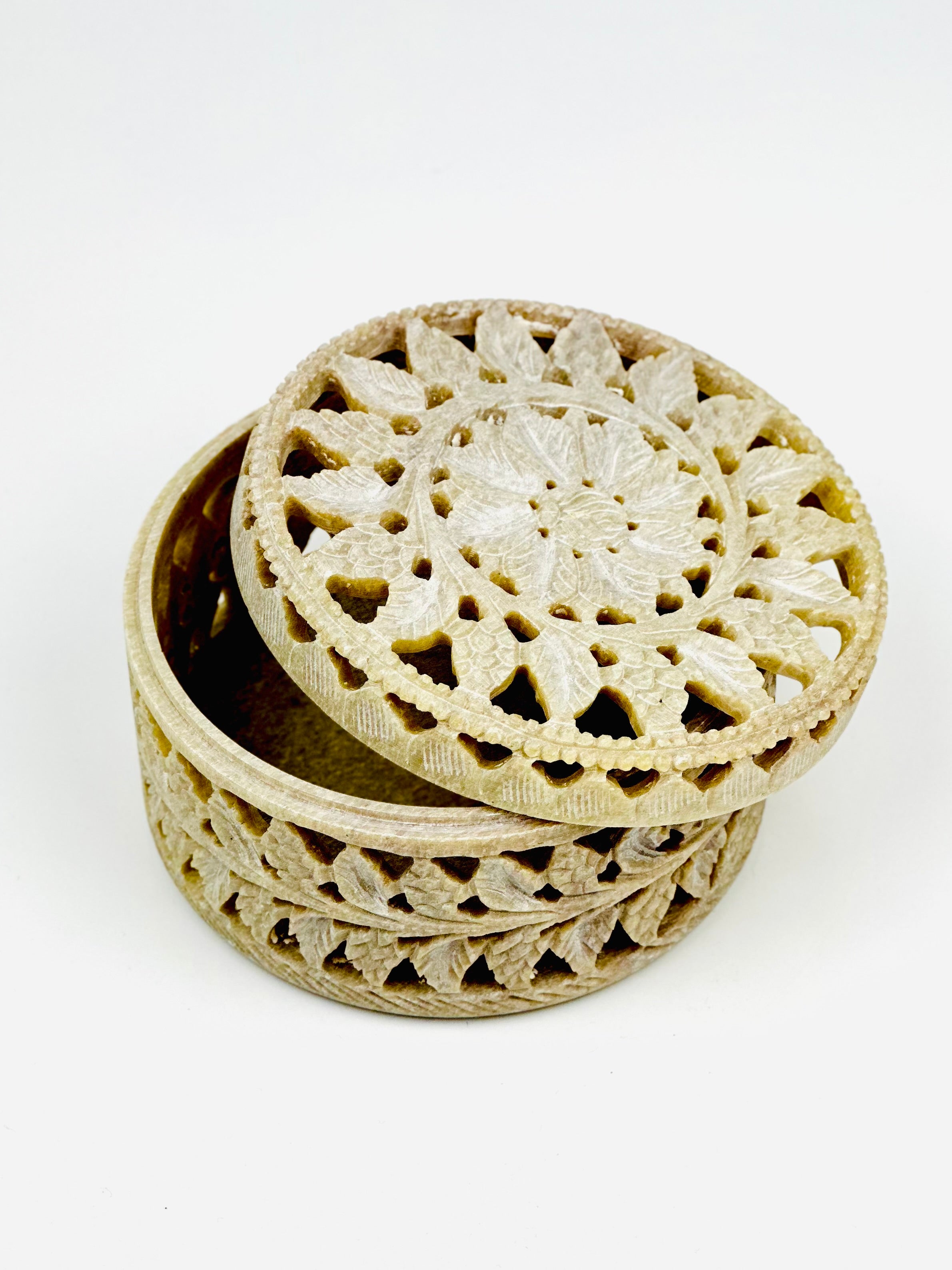 Ornate Flora Hand-Carved Soapstone Box - 3"H x 5"D - Tejo