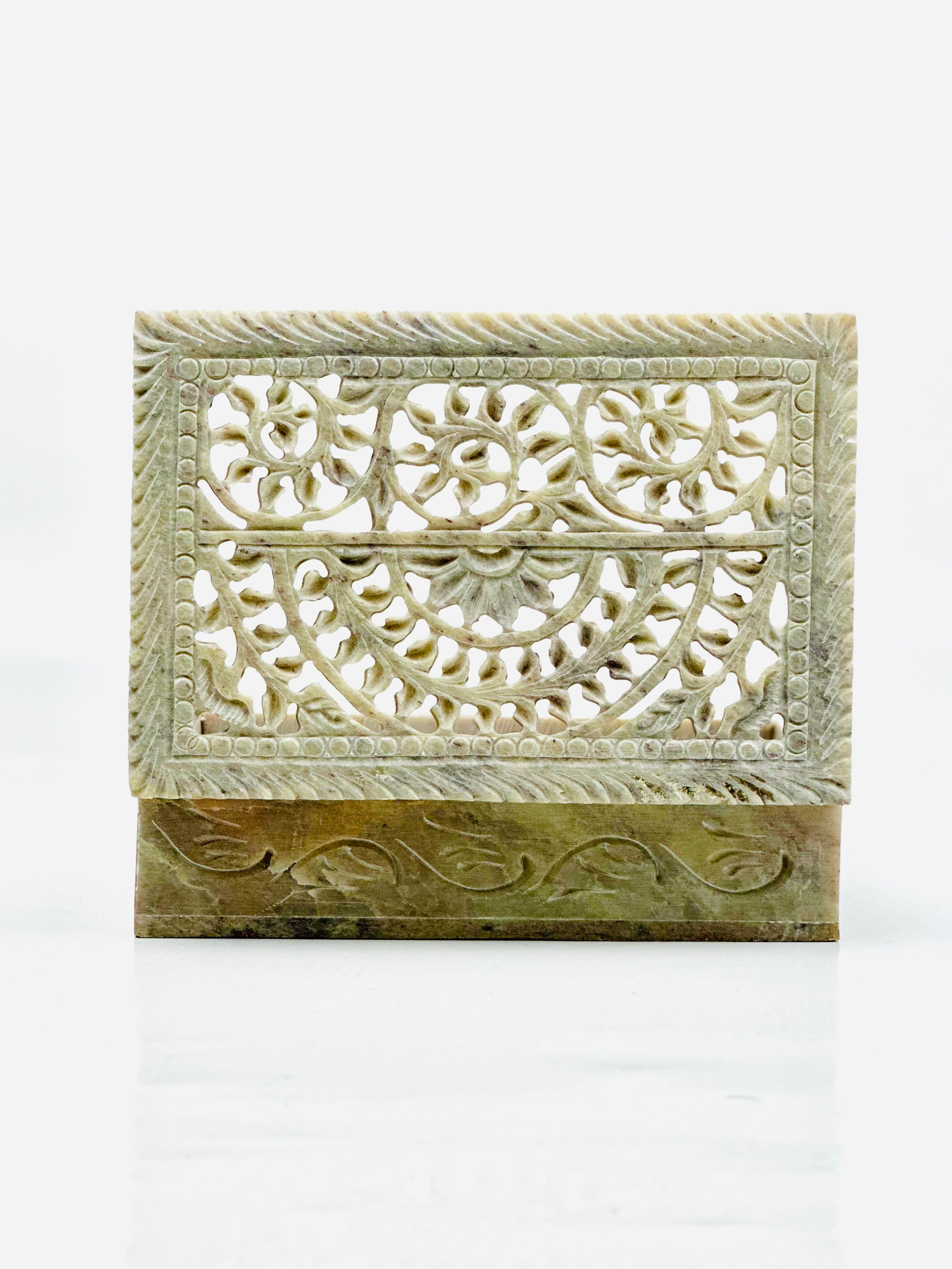 Sonata Floral Hand-Carved Soapstone Box - 6"L x 4"B x 1.5"H - Tejo