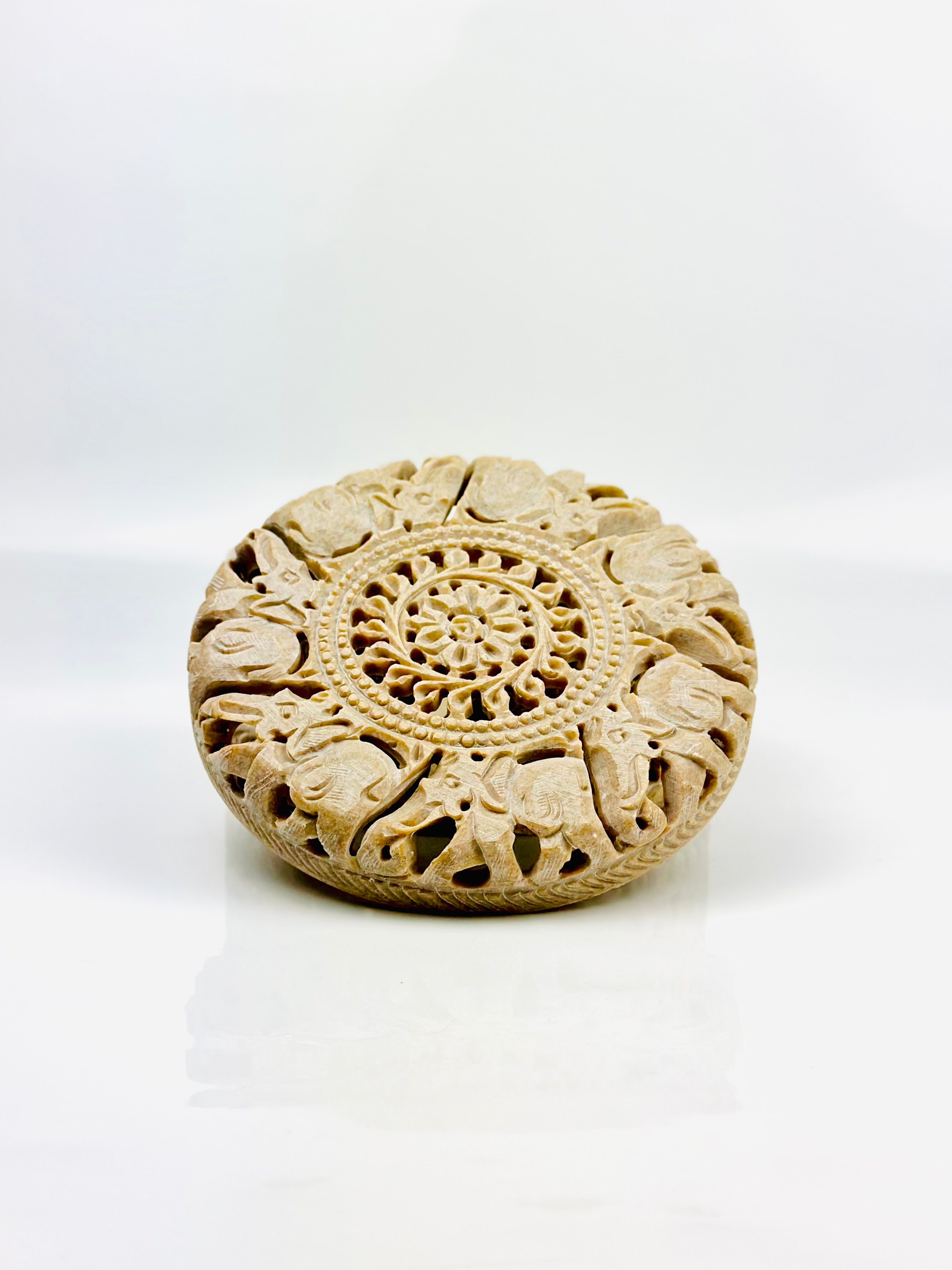 Ornate Elephant Hand-Carved Soapstone Box - 3"H x 5"D - Tejo