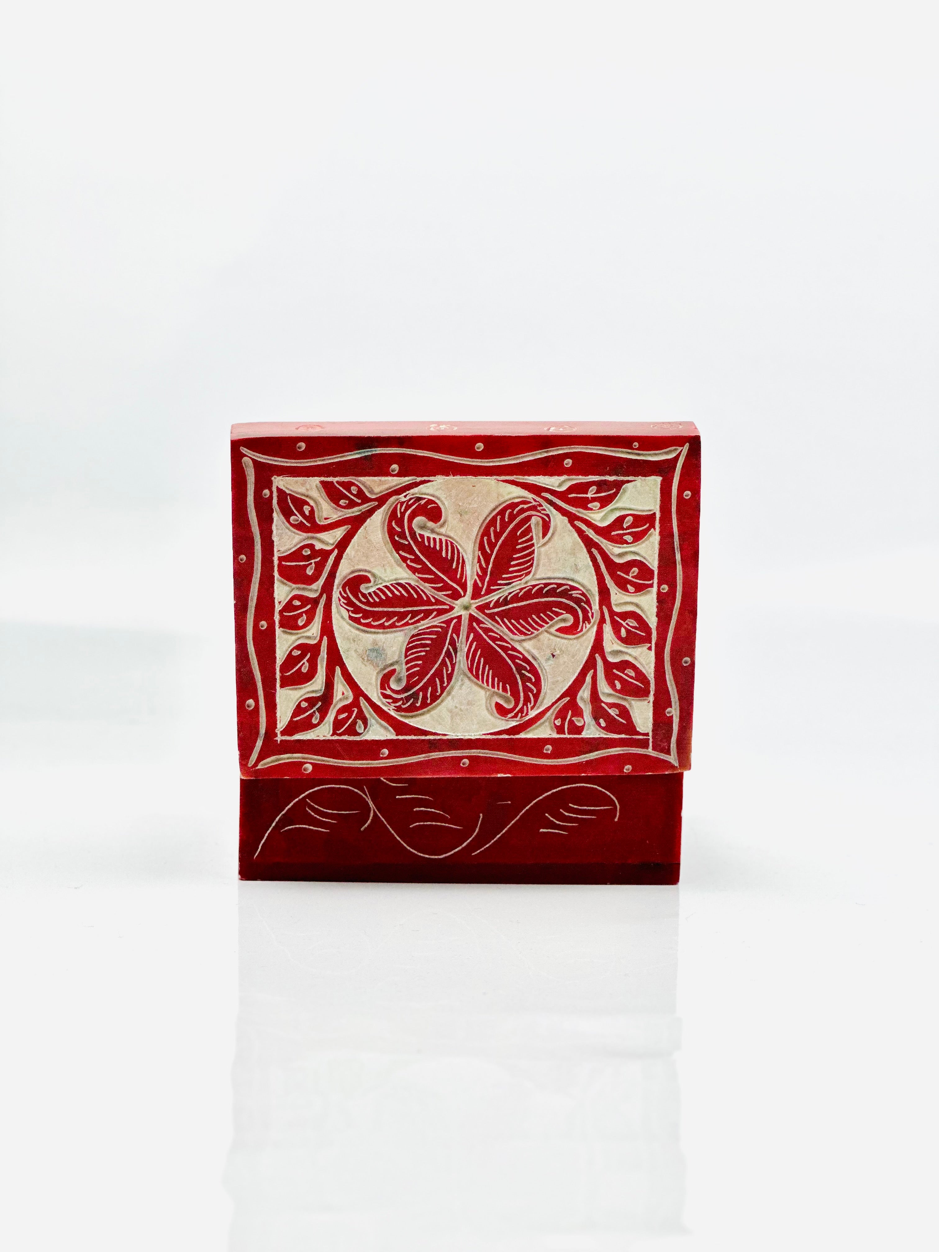 Scarlet Flower Hand-Carved Soapstone Box - 4"L x 3"B x 1.5"H - Tejo