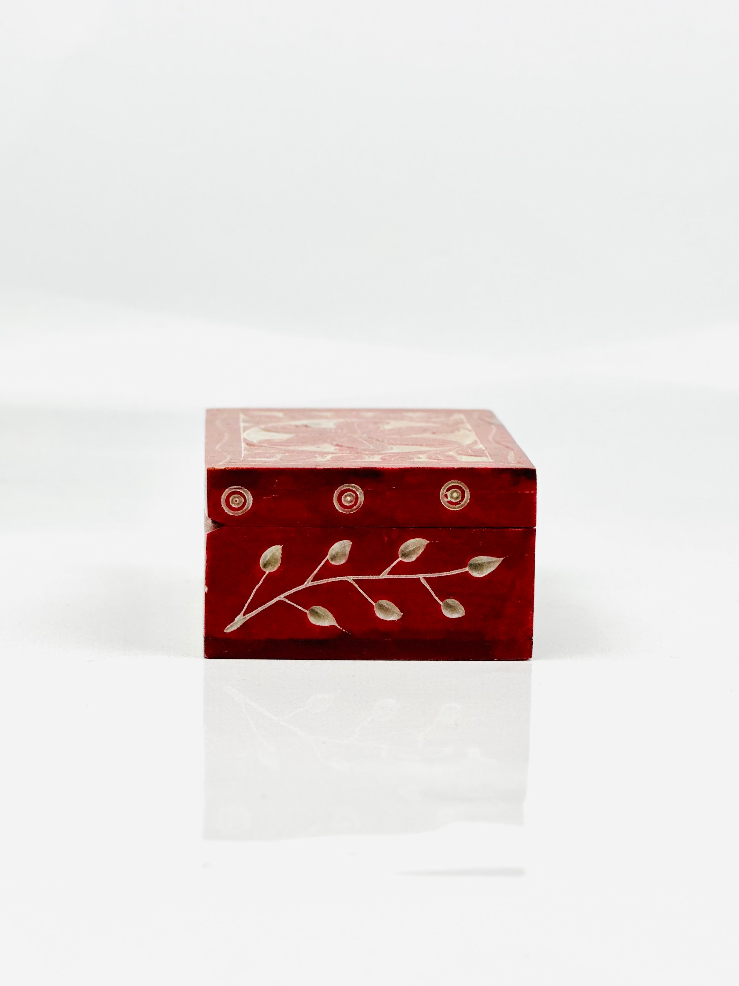 Scarlet Flower Hand-Carved Soapstone Box - 4"L x 3"B x 1.5"H - Tejo