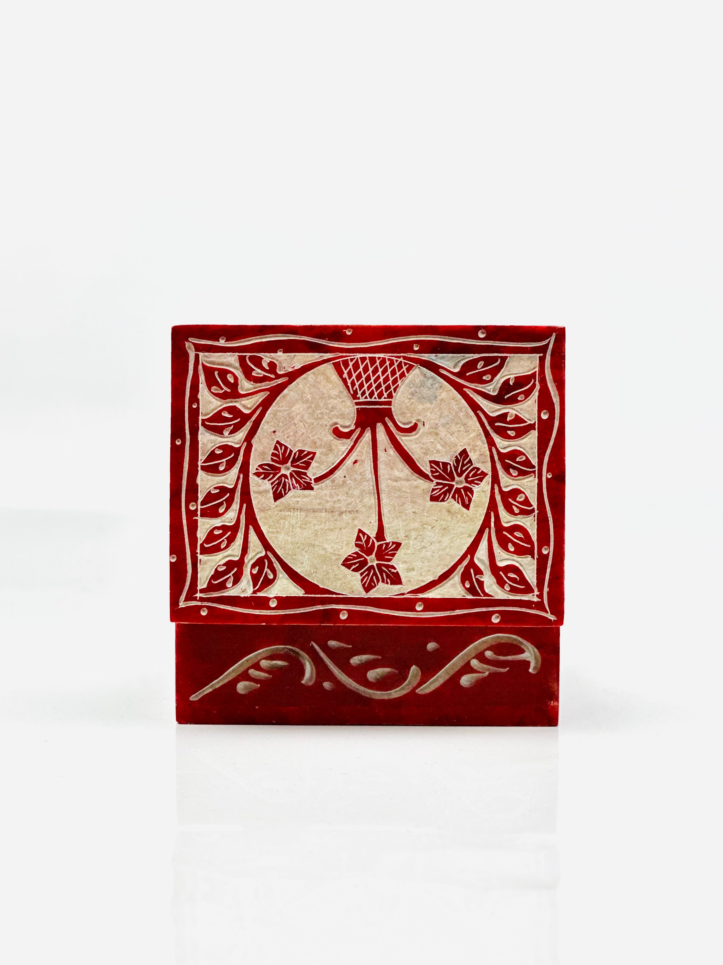 Scarlet Flowerpot Hand-Carved Soapstone Box - 4"L x 3"B x 1.5"H - Tejo
