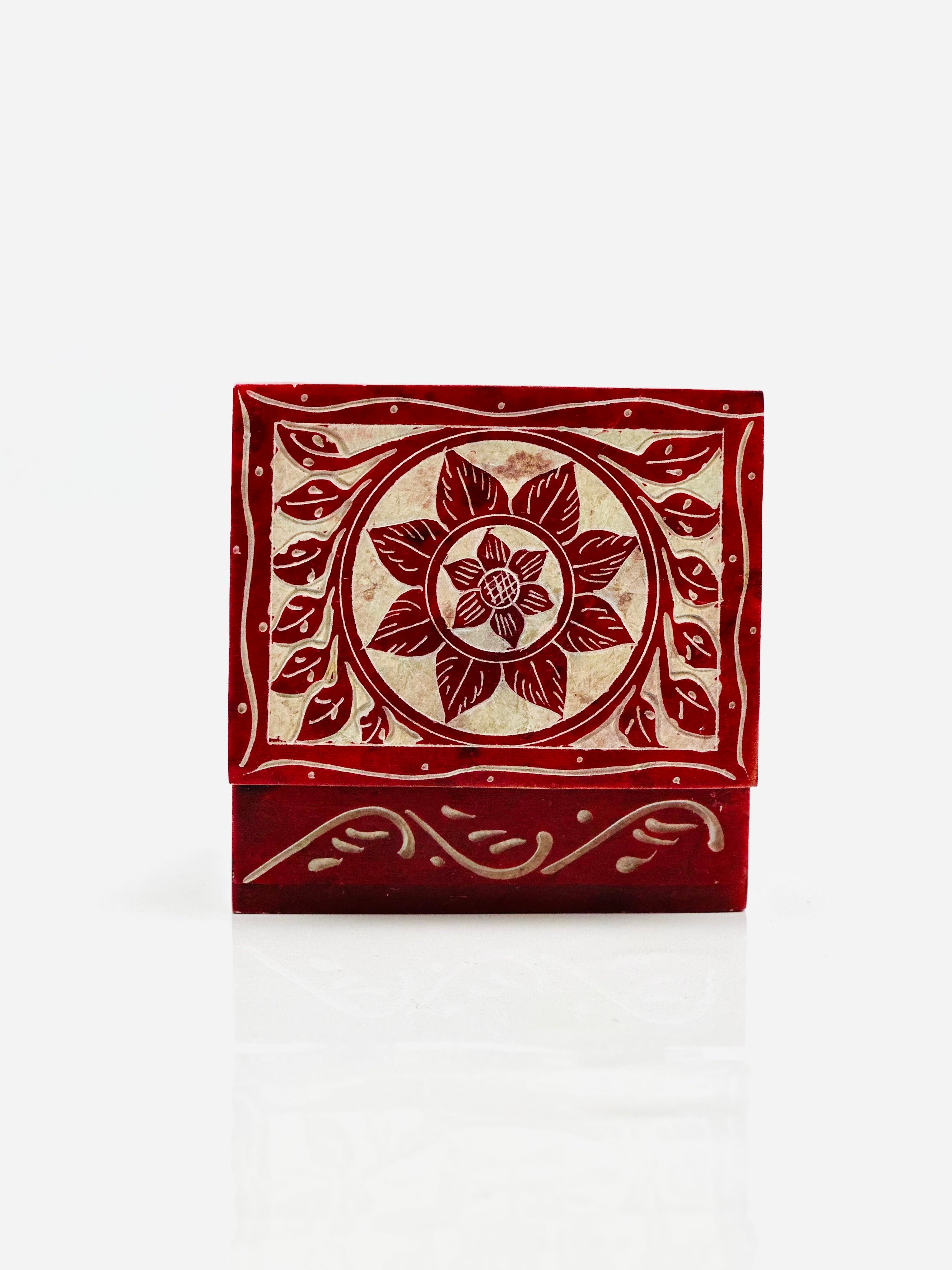 Scarlet Lotus Blossom Hand-Carved Soapstone Box - 4"L x 3"B x 1.5"H - Tejo