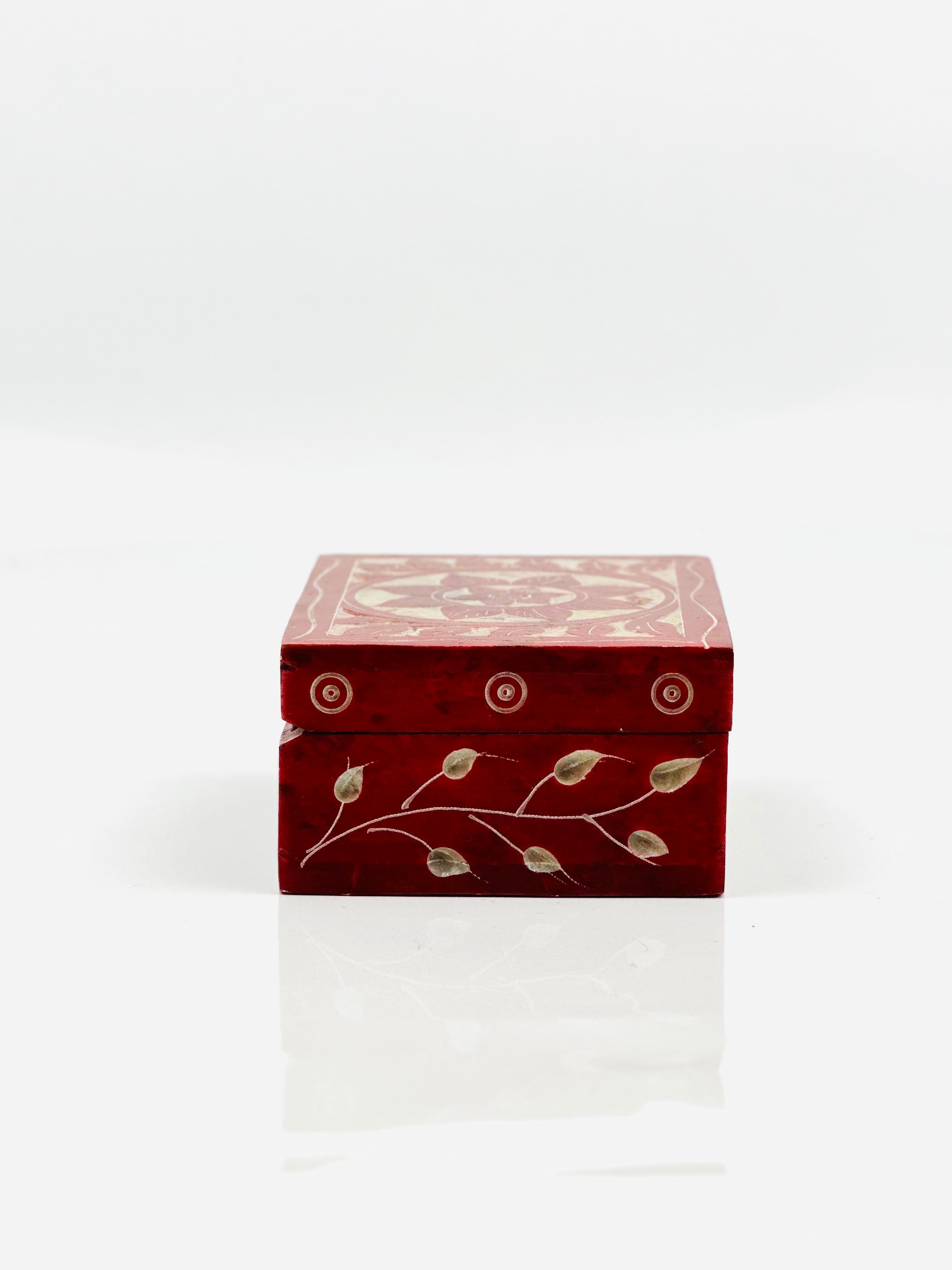 Scarlet Lotus Blossom Hand-Carved Soapstone Box - 4"L x 3"B x 1.5"H - Tejo