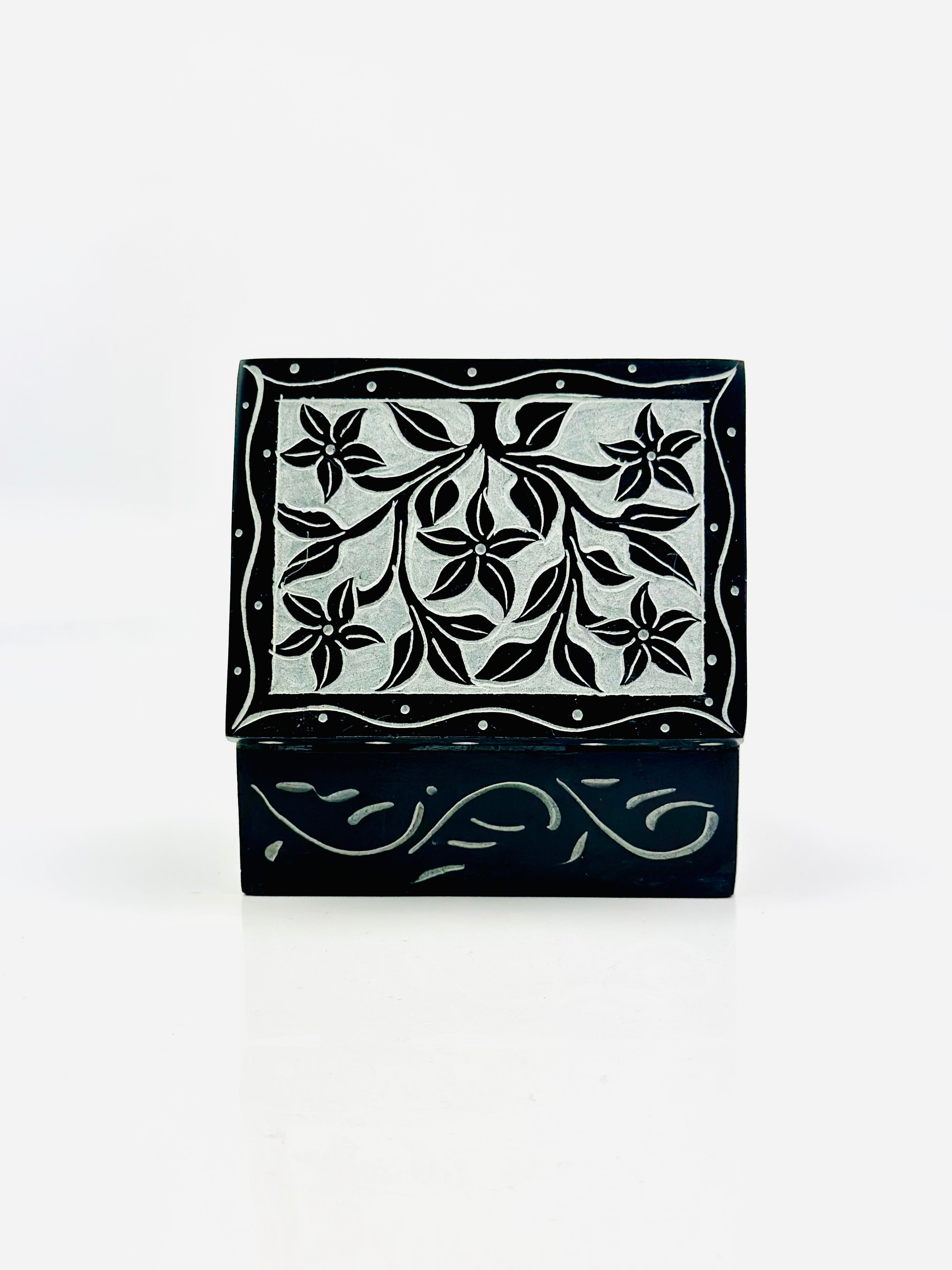 Noir Daisy Hand Carved Soapstone Box – 4"L x 3"B x 1.8"H - Tejo
