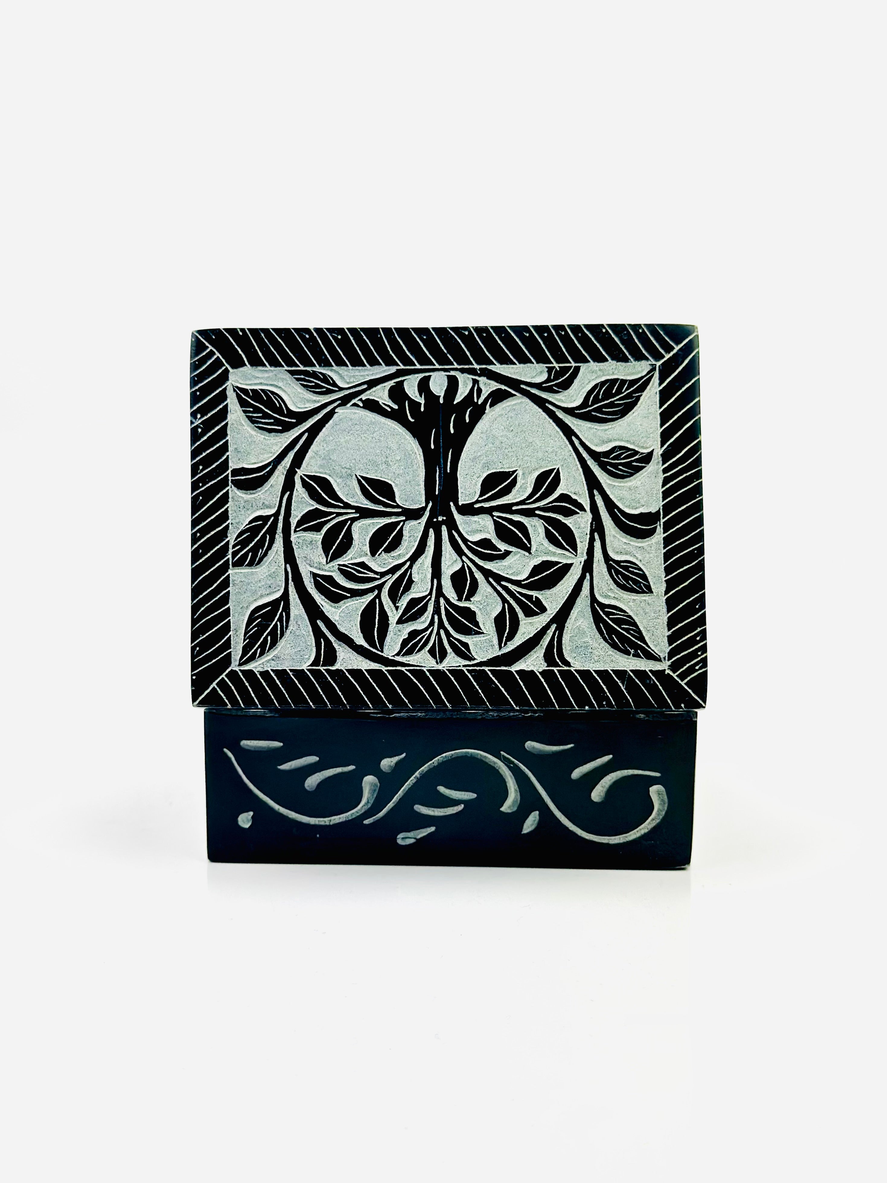 Noir Tree of Life Hand Carved Soapstone Box – 4"L x 3"B x 1.8"H - Tejo