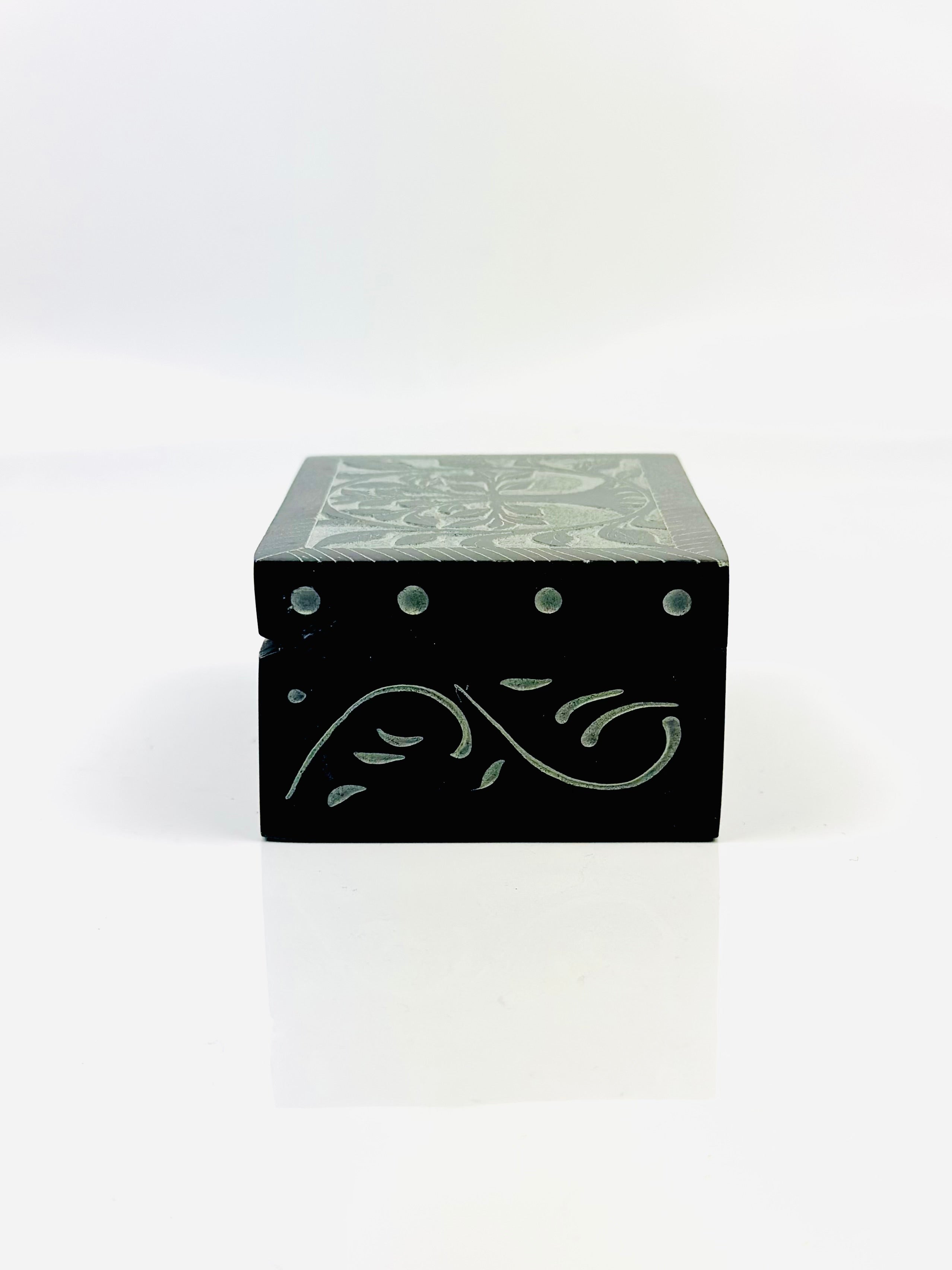 Noir Tree of Life Hand Carved Soapstone Box – 4"L x 3"B x 1.8"H - Tejo