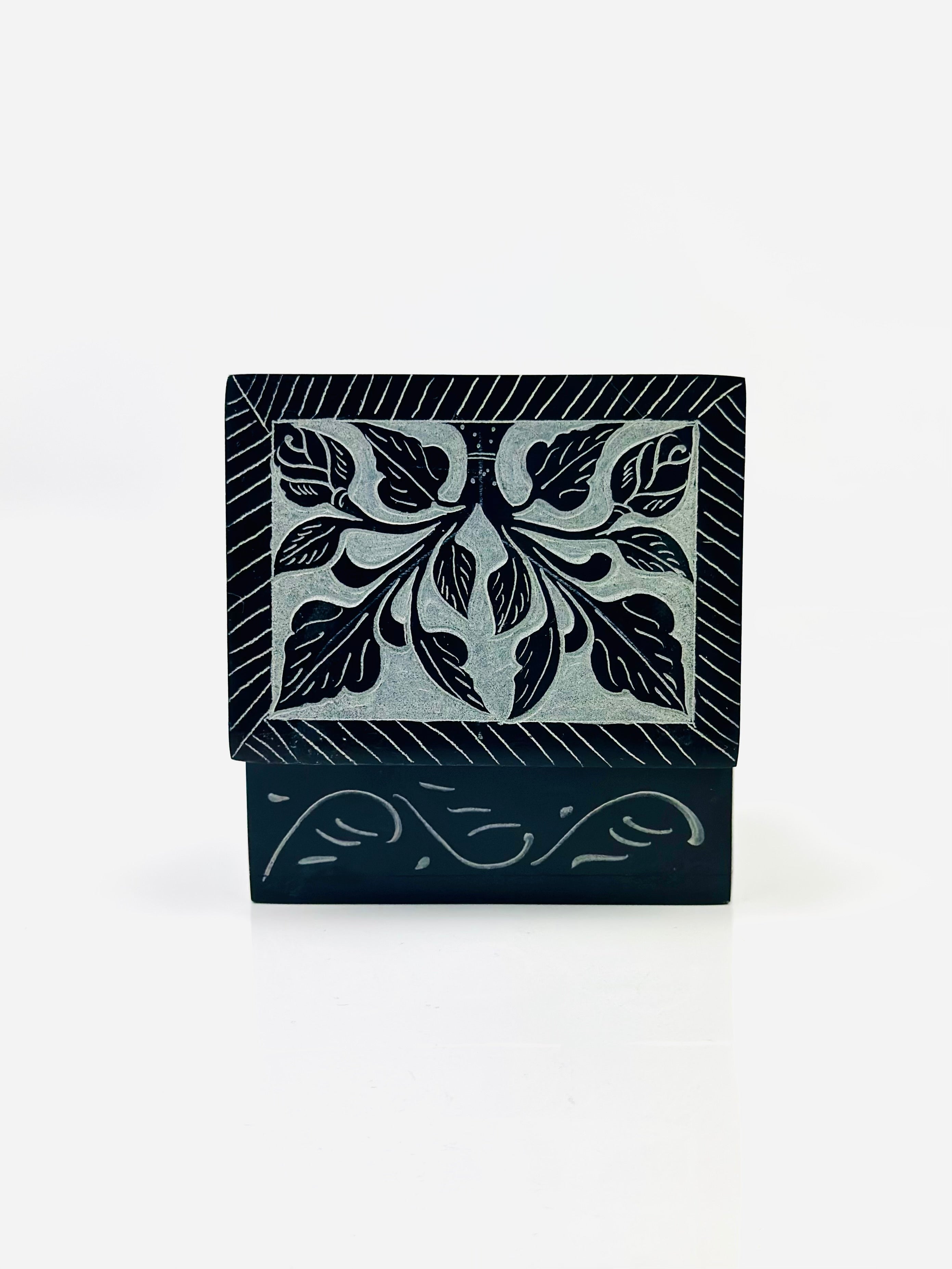 Noir Leaf Hand Carved Soapstone Box – 4"L x 3"B x 1.8"H - Tejo