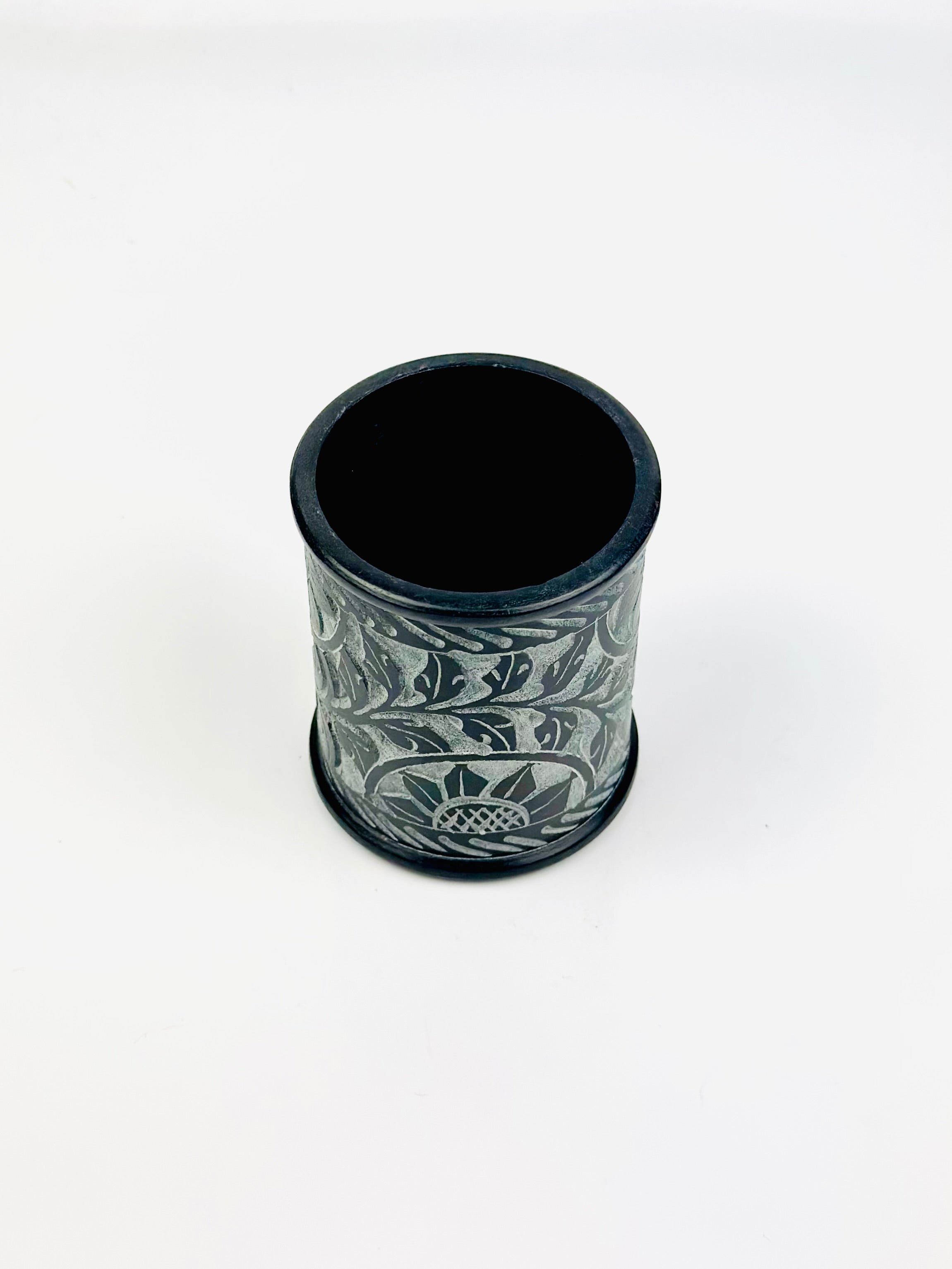 Midnight Bloom Sunflower Hand Carved Soapstone Holder – 3"H x 2.4"BD x 2.4"TD - Tejo