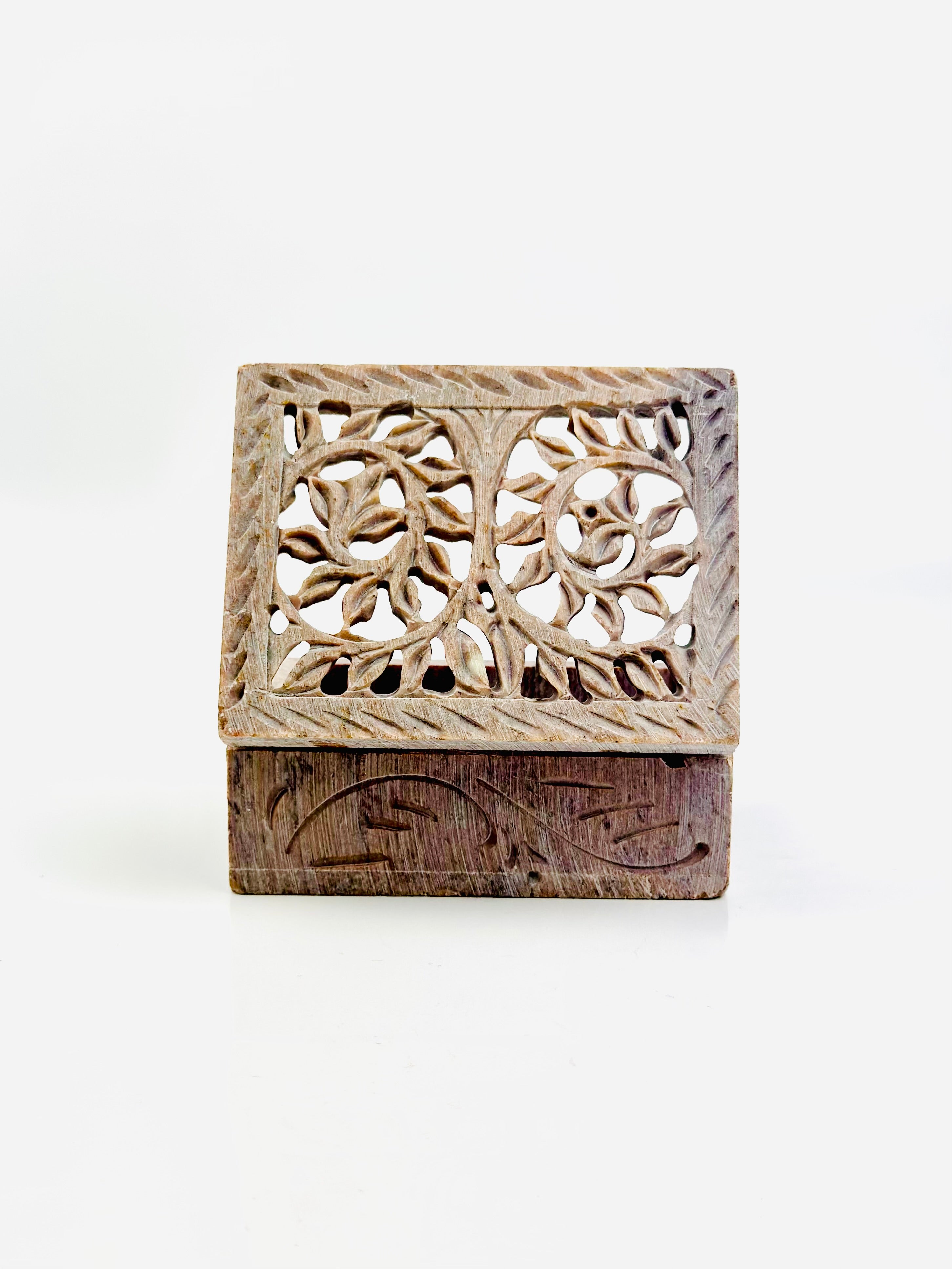 Safari Flower Carving Hand-Carved Soapstone Box - 4"L x 3"B x 1.5"H - Tejo