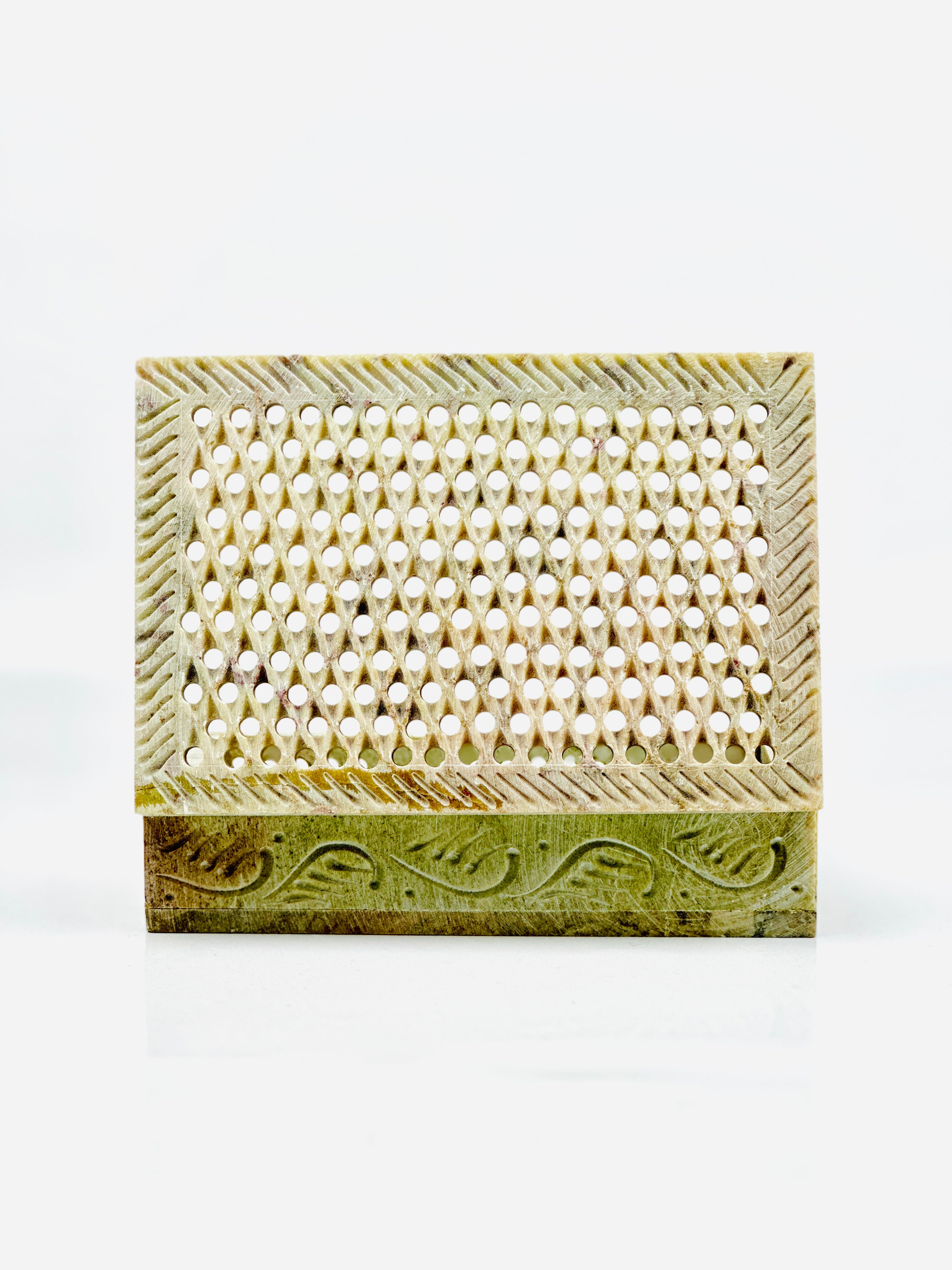 Sonata Lattice Hand-Carved Soapstone Box - 6"L x 4"B x 1.5"H - Tejo