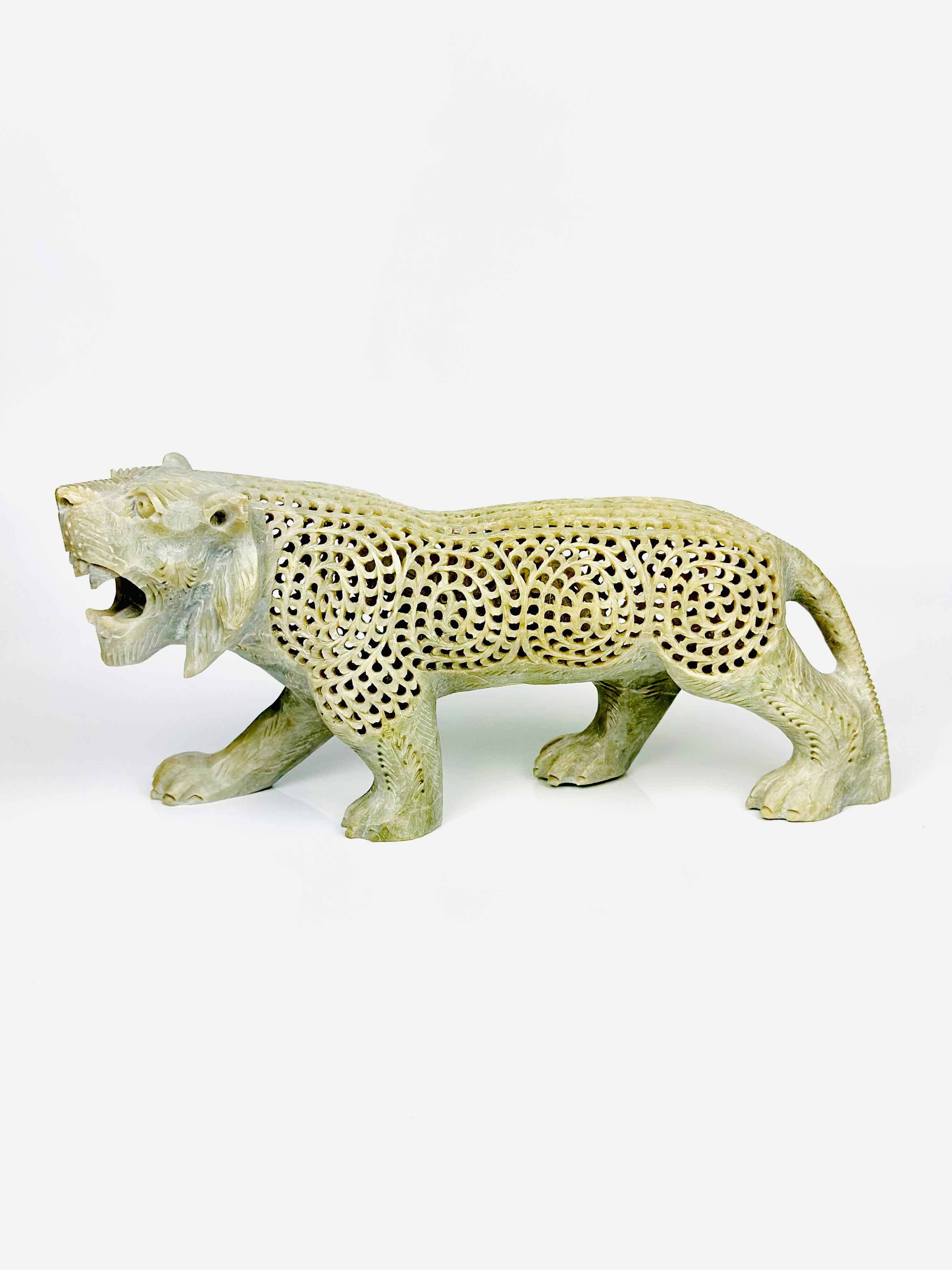Hand-Carved Natural Soapstone Imperial Tiger - 12"L x 3"B x 5.5"H - Tejo