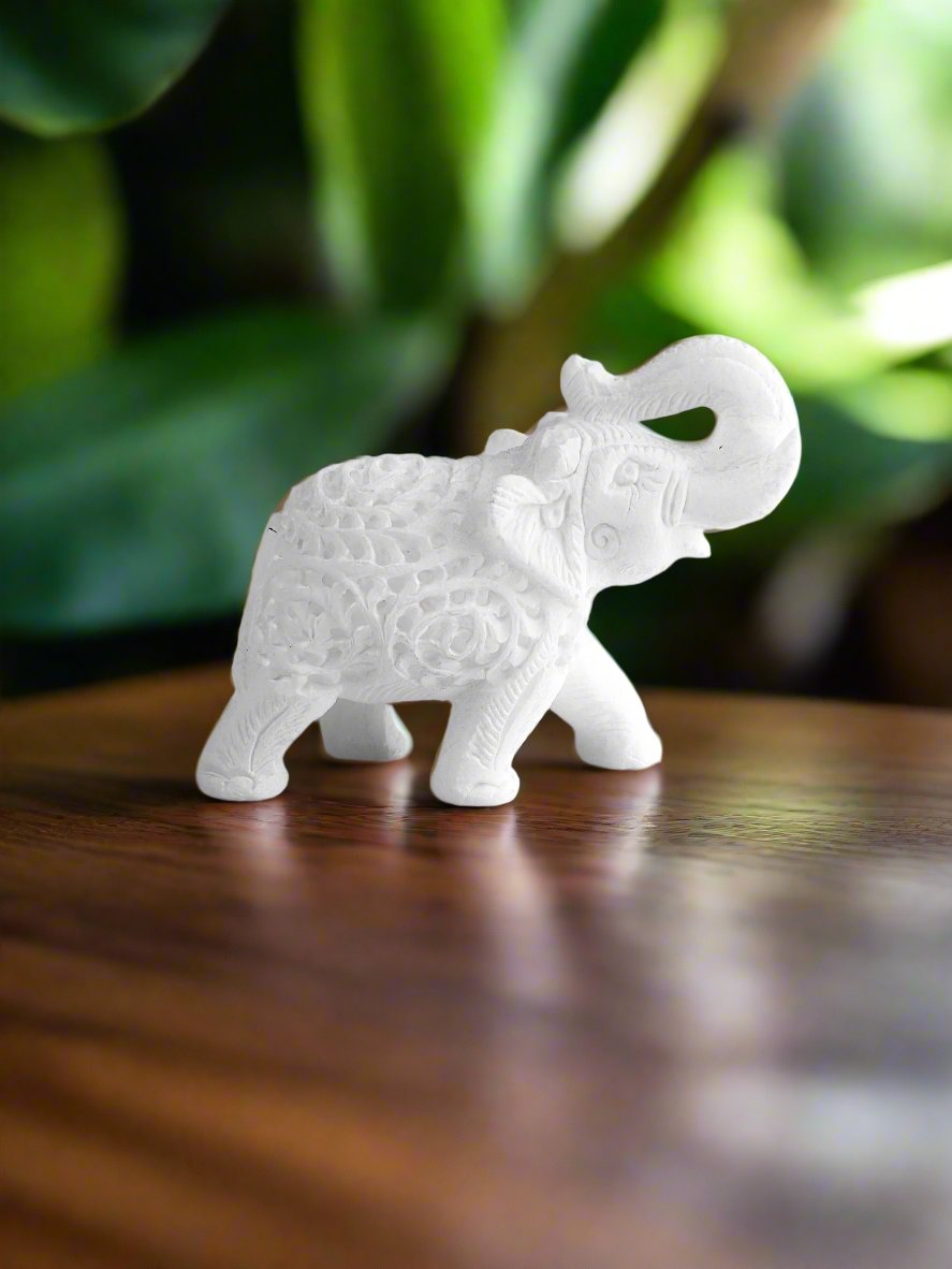 Maharaja Elephant Sculpture - Hand-Carved White Marble Decor - 4"L x 2"B x 3.5" - Tejo