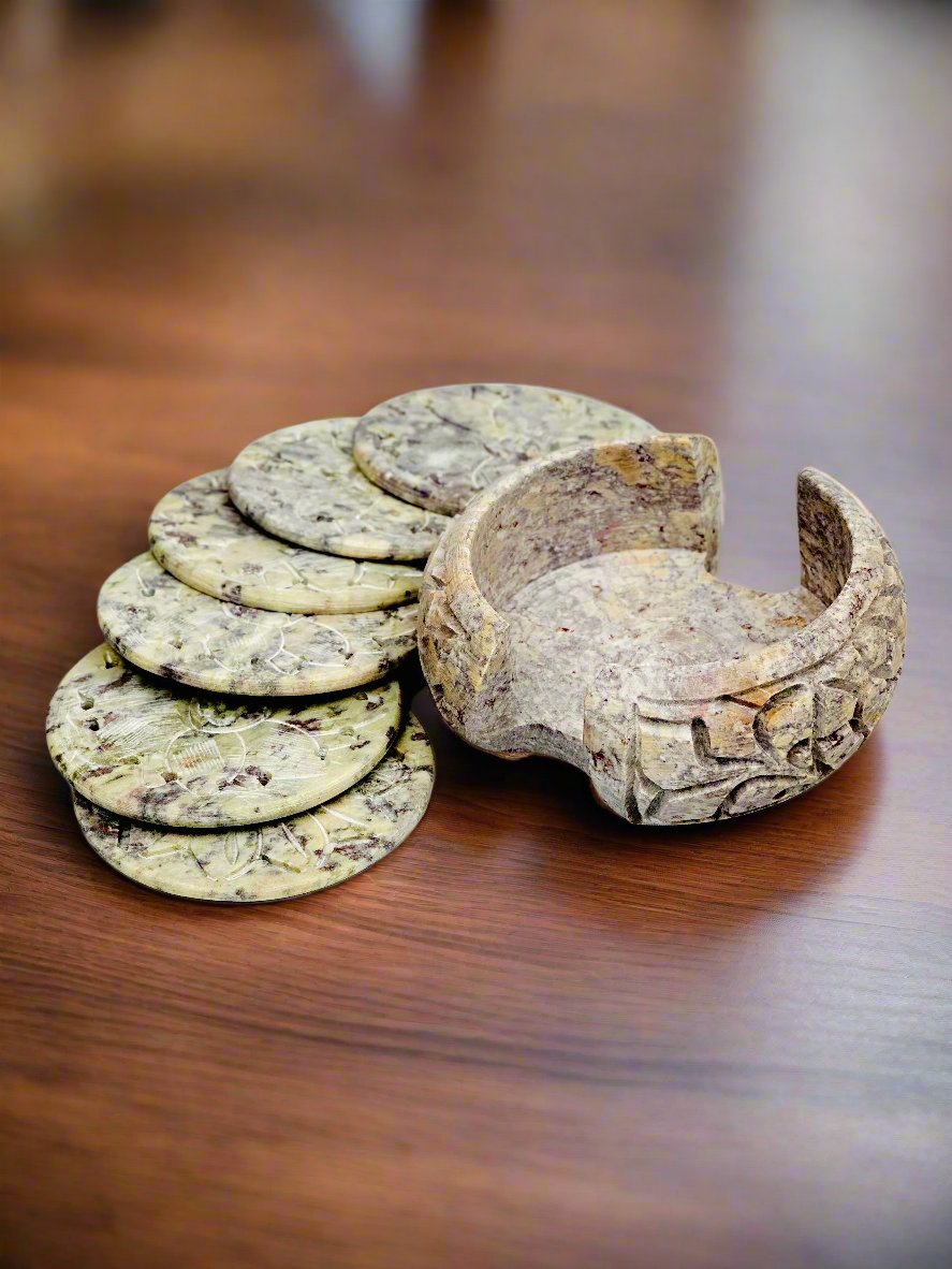 Petal Hand Carved Soapstone Coasters – 1.5"H x 4"D - Tejo