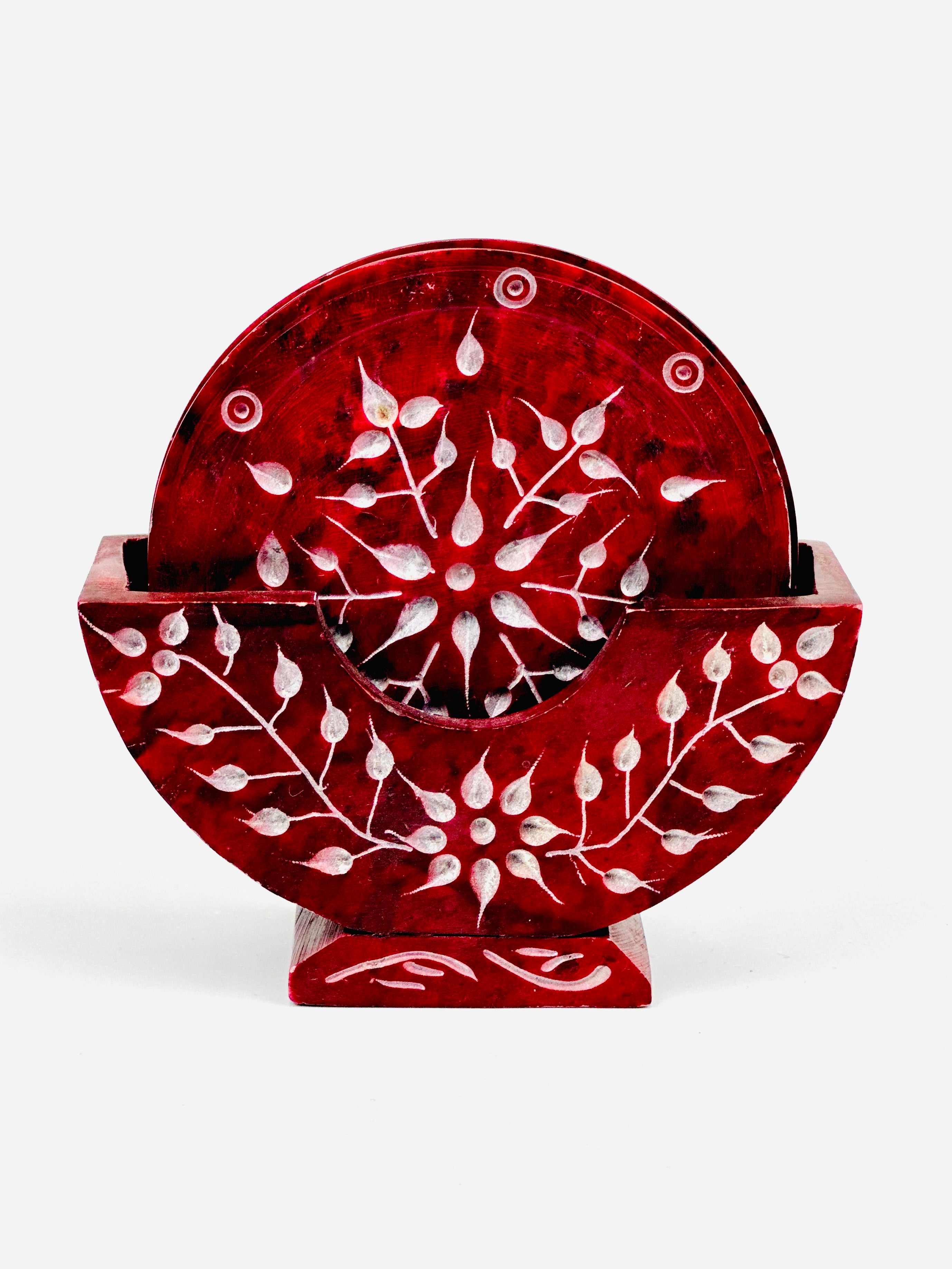 Scarlet Petal Hand Carved Soapstone Coasters - 4"L x 1.5"B x 4"H - Tejo