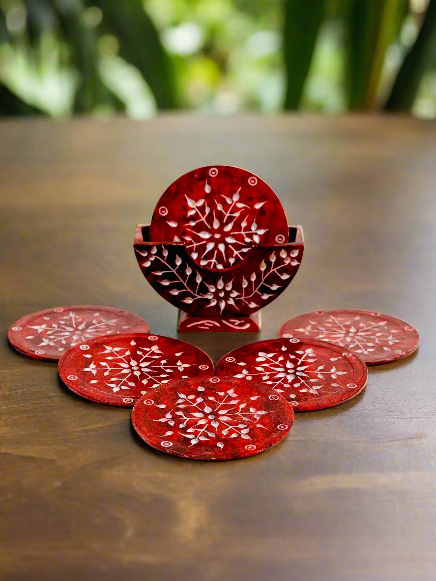 Scarlet Petal Hand Carved Soapstone Coasters - 4"L x 1.5"B x 4"H - Tejo