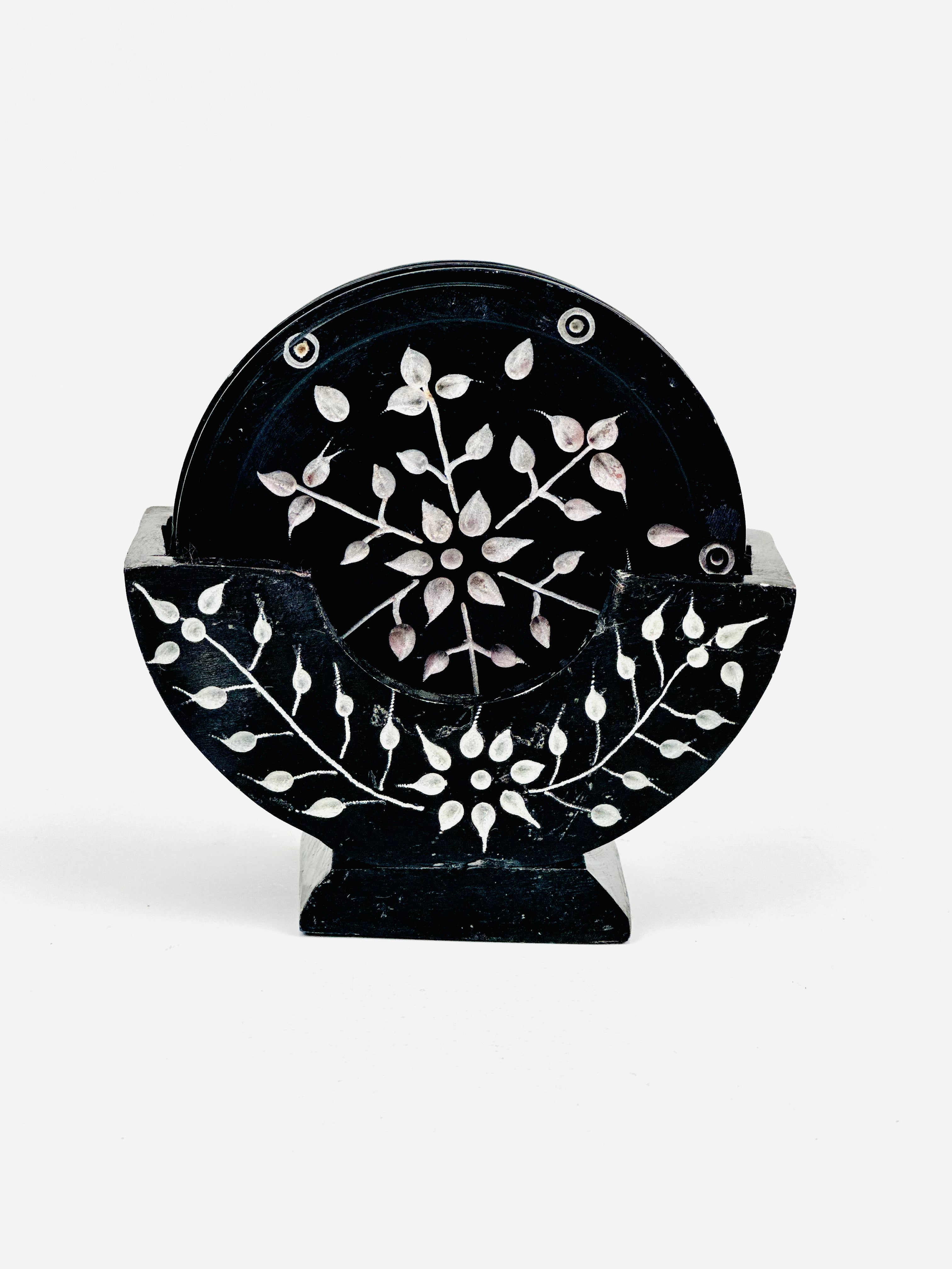 Noir Petal Hand Carved Soapstone Coasters - 4"L x 1.5"B x 4"H - Tejo