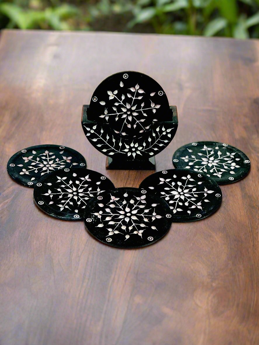 Noir Petal Hand Carved Soapstone Coasters - 4"L x 1.5"B x 4"H - Tejo