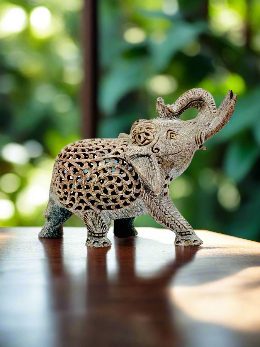 Handcrafted Imperial Tusker Soapstone Elephant Sculpture – 6"L x 2.5"B x 4.8"H - Tejo