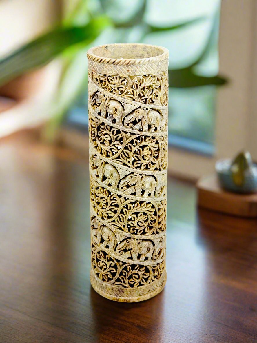 Utopia Hand-Carved Soapstone Vase – 12.2"H x 3.8"TD - Tejo