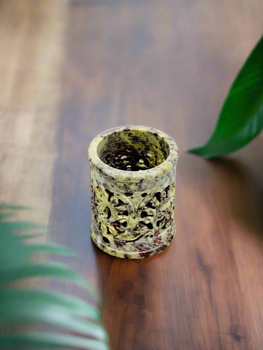 Wildflower Hand-Carved Soapstone Holder – 3"H x 2.5"BD x 2.3"TD - Tejo