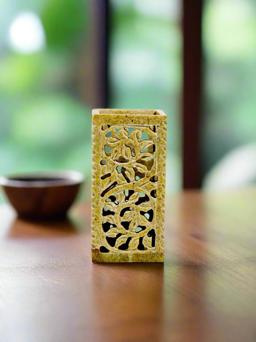 Ornate Carving Soapstone Holder – 2"L x 2"B x 4"H - Tejo