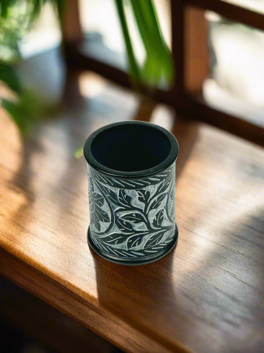 Midnight Bloom Rose Soapstone Holder – 3"H x 2.4"BD x 2.4"TD - Tejo