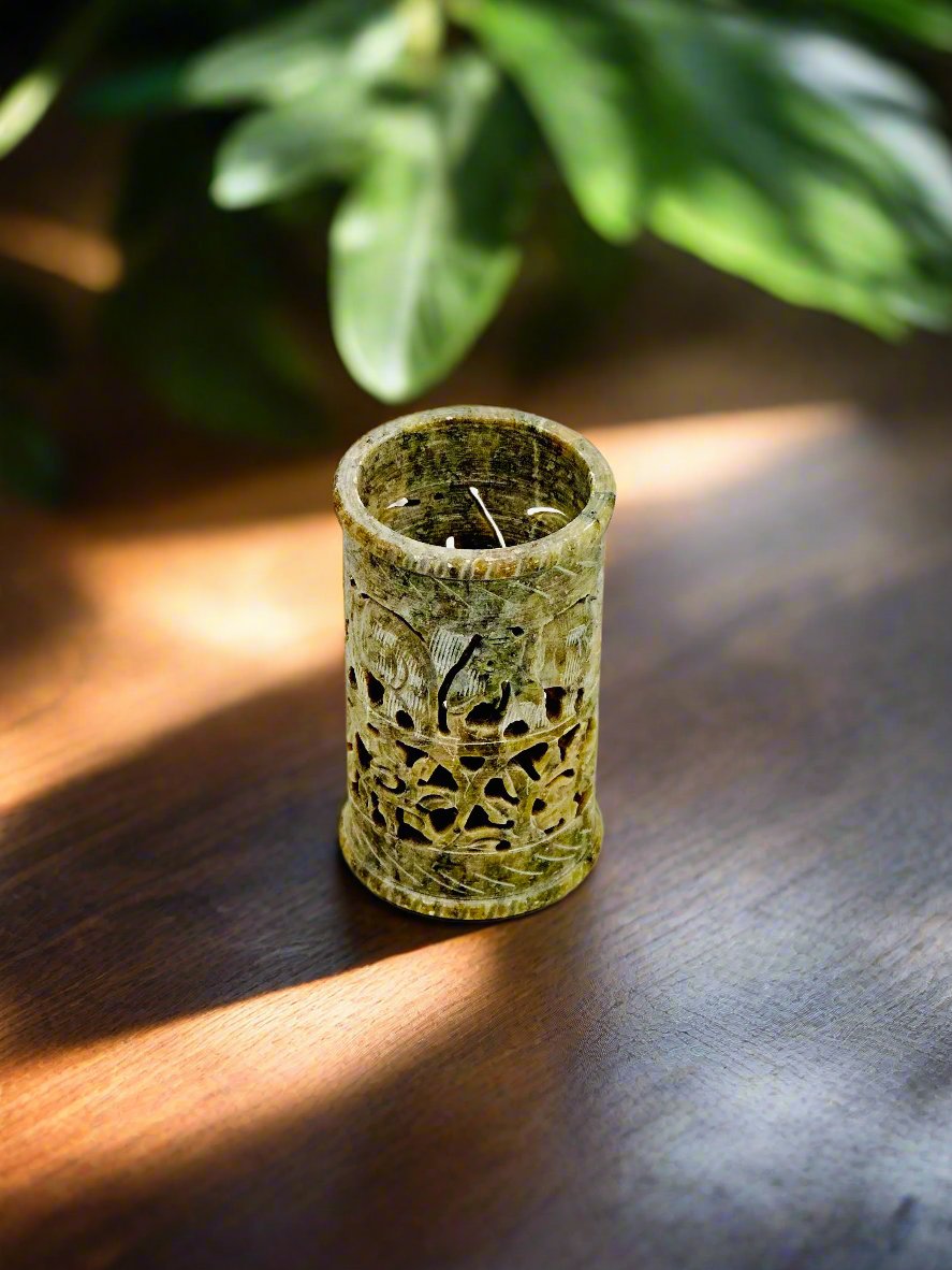 Jungle Dawn Soapstone Holder – 4"H x 2.2"BD x 2.4"TD - Tejo