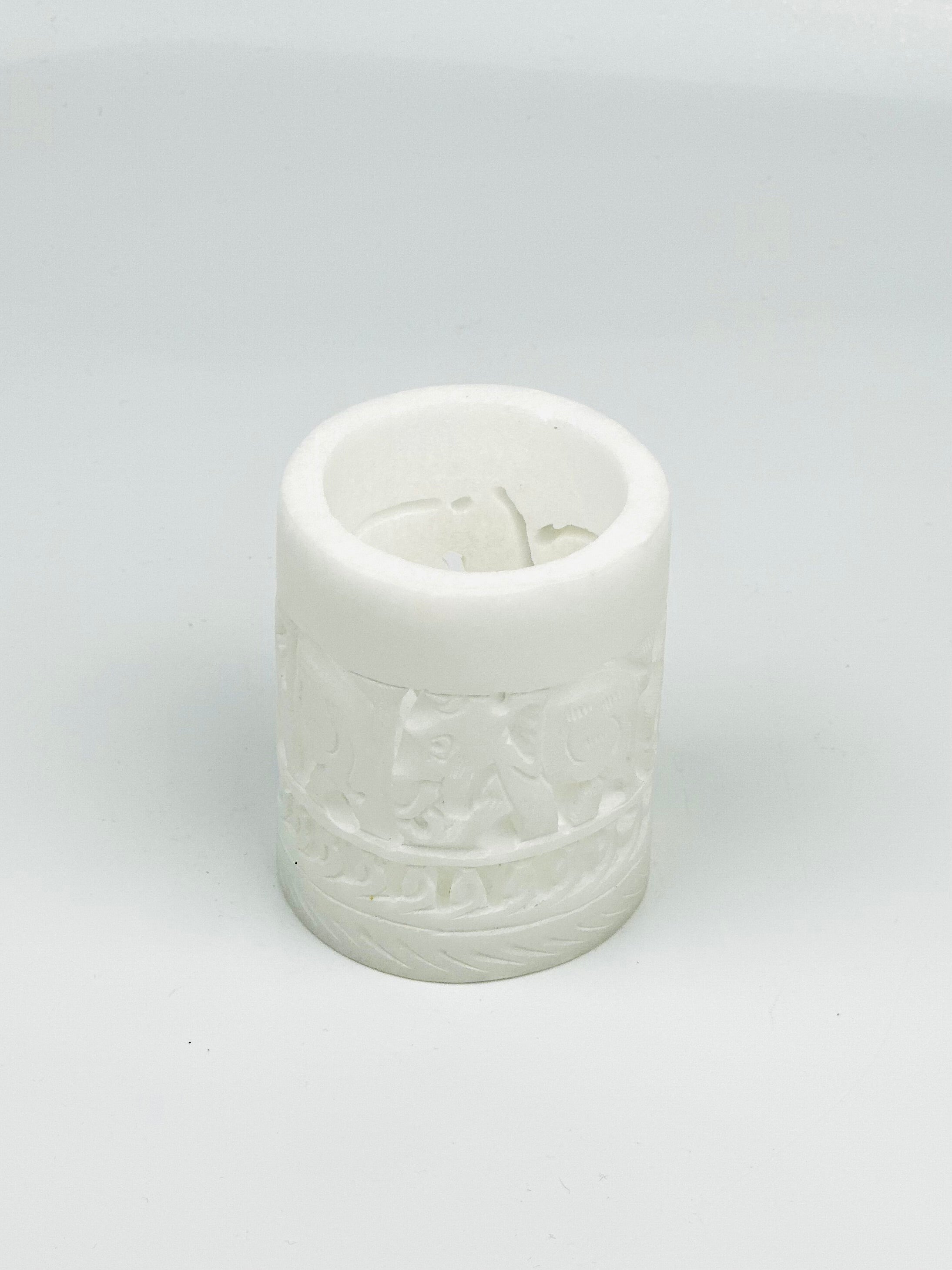 Snow Elephant Marble Cylindrical Holder – 3"H x 2.2"BD x 2.2"TD - Tejo