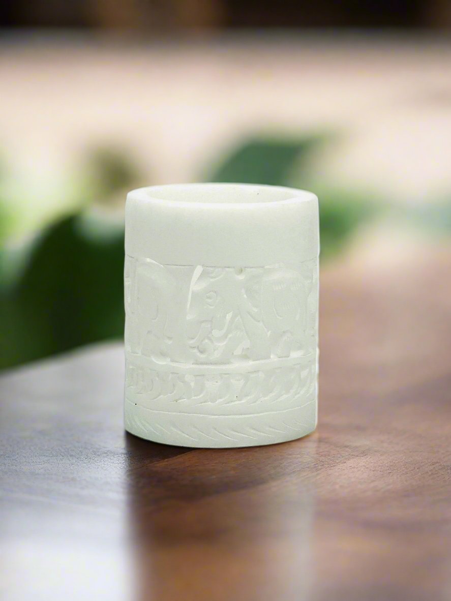 Snow Elephant Marble Cylindrical Holder – 3"H x 2.2"BD x 2.2"TD - Tejo