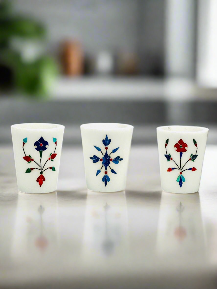 Regal Marble Inlay Handcrafted Shot Glass Set of Three – 2.4"H x 1.2"BD x 2"TD - Tejo