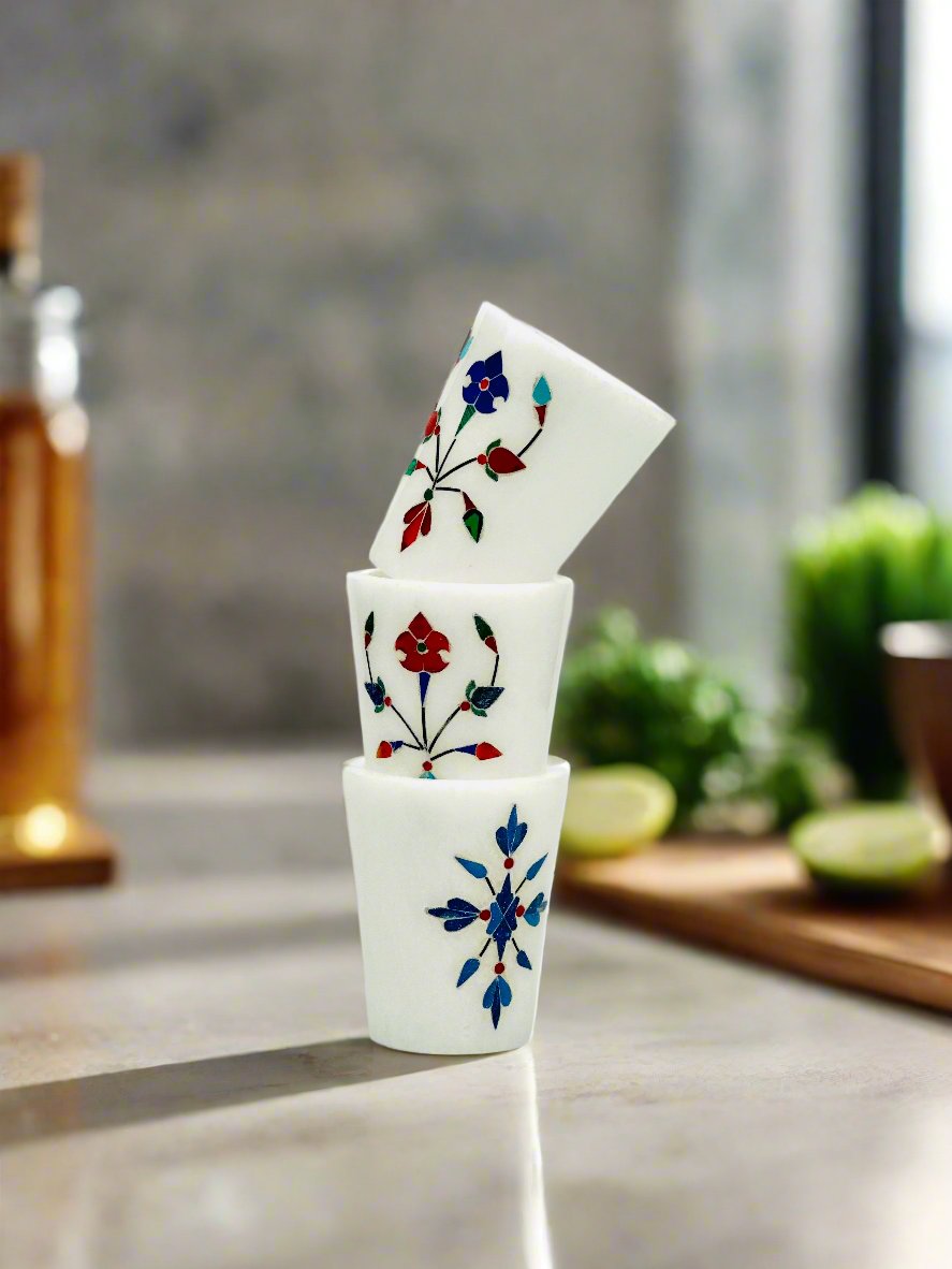Regal Marble Inlay Handcrafted Shot Glass Set of Three – 2.4"H x 1.2"BD x 2"TD - Tejo