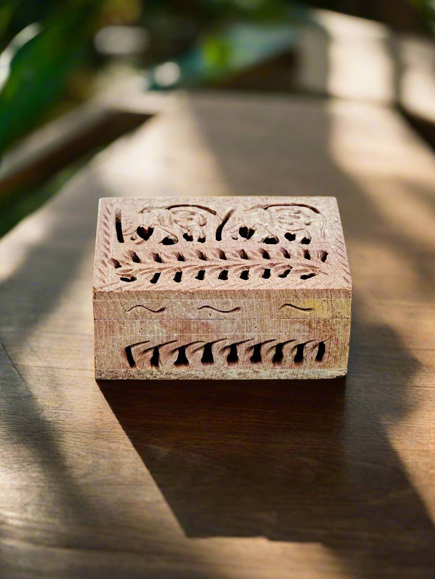 Safari Elephant Carving Hand-Carved Soapstone Box - 4"L x 3"B x 1.5"H - Tejo