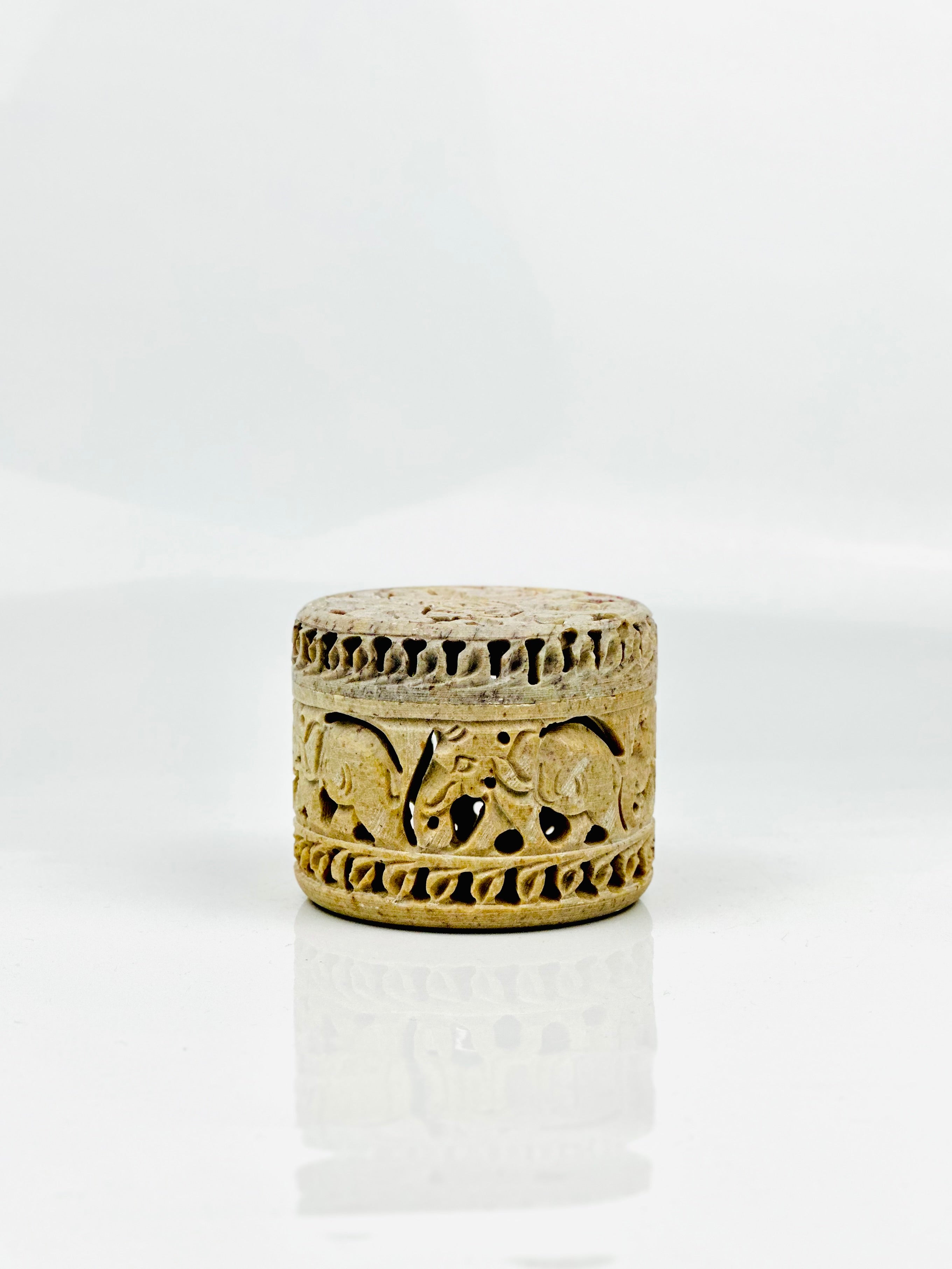 Elephant Whisper Hand-Carved Soapstone Box - 2.5"H x 2.8"D - Tejo