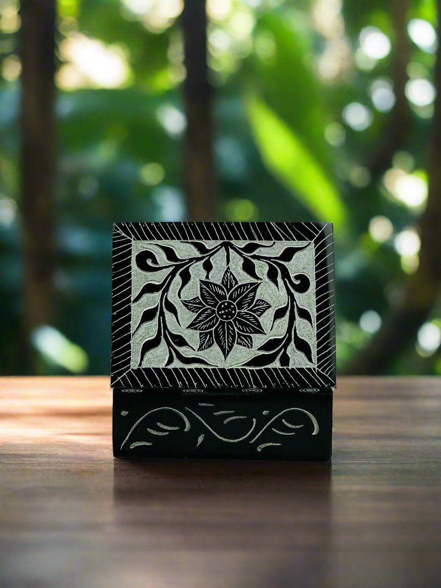 Noir Flora Hand Carved Soapstone Box – 4"L x 3"B x 1.8"H - Tejo