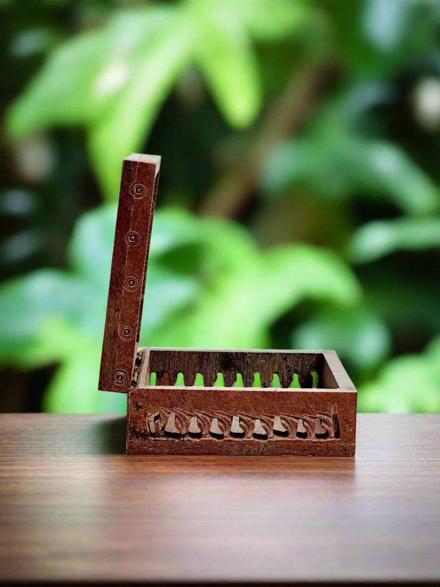 Verdant Hand-Carved Soapstone Box - 4"L x 4"B x 1.5"H - Tejo