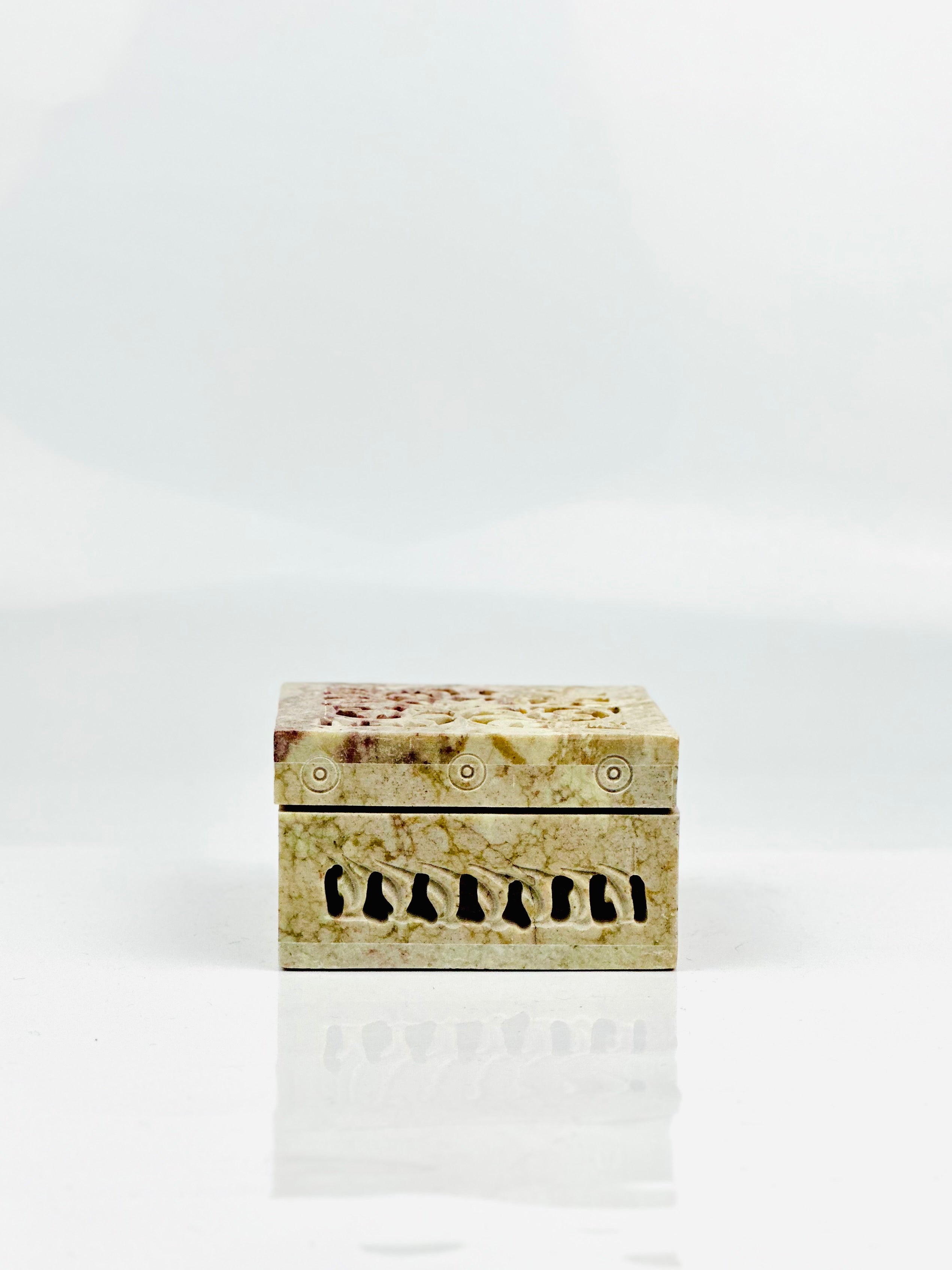 Blossom Flower Carving Hand-Carved Soapstone Box - 3"L x 3"B x 1.5"H - Tejo