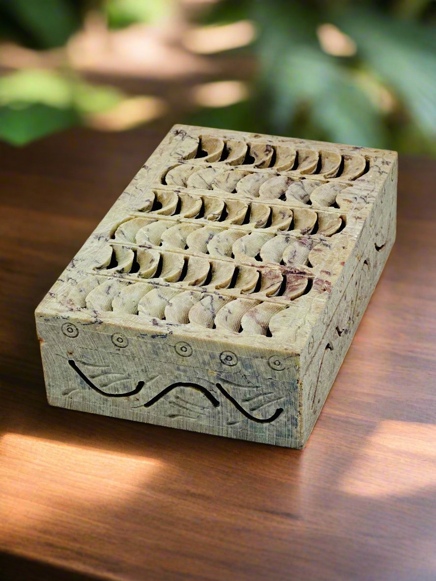 Tidal Sonata Hand-Carved Soapstone Box - 6"L x 4"B x 1.5"H - Tejo