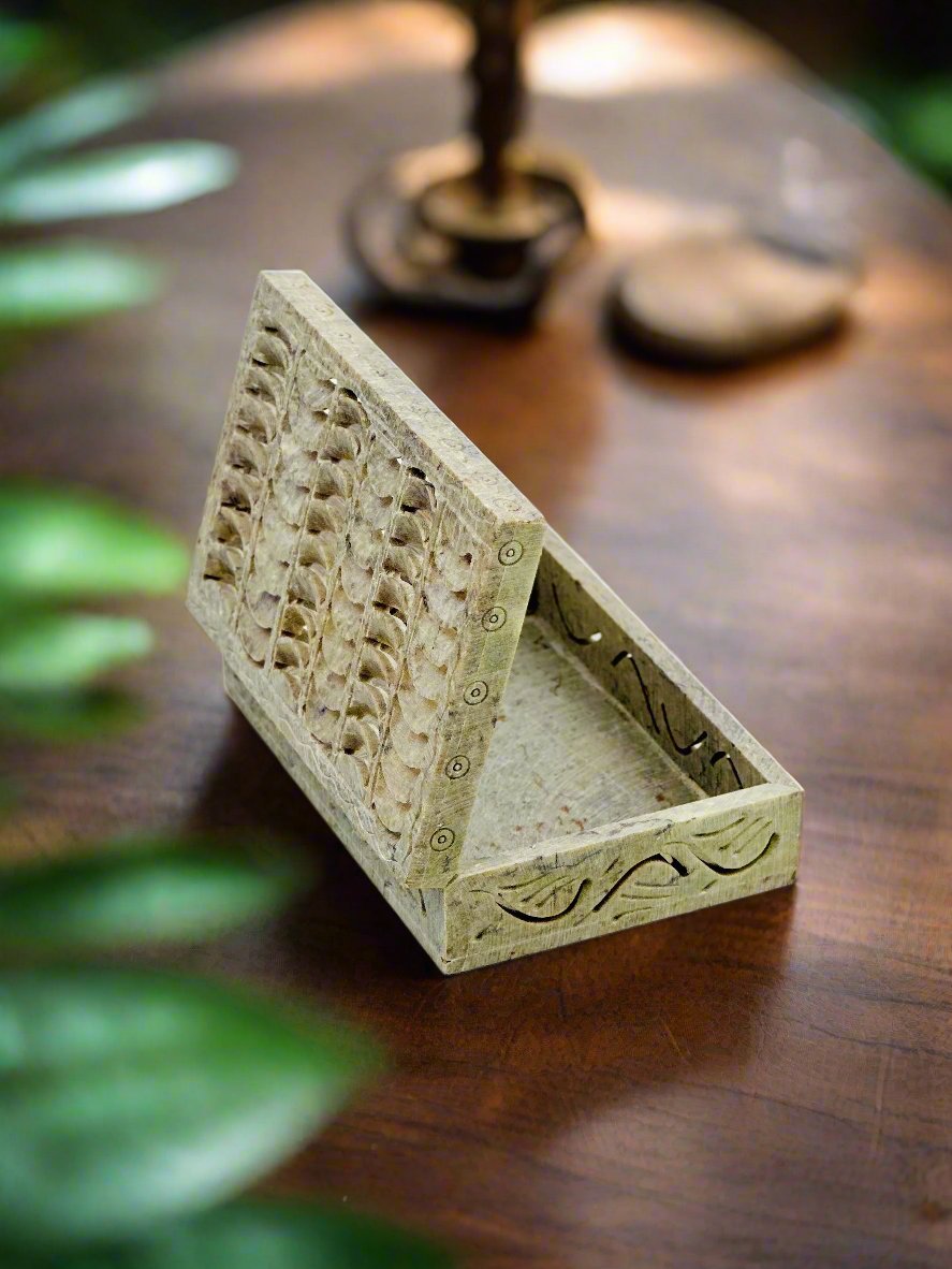 Tidal Sonata Hand-Carved Soapstone Box - 6"L x 4"B x 1.5"H - Tejo