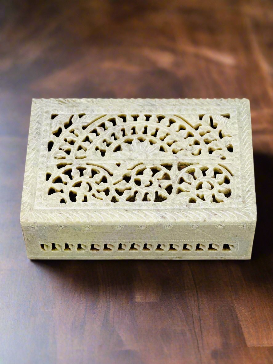 Sonata Floral Hand-Carved Soapstone Box - 6"L x 4"B x 1.5"H - Tejo