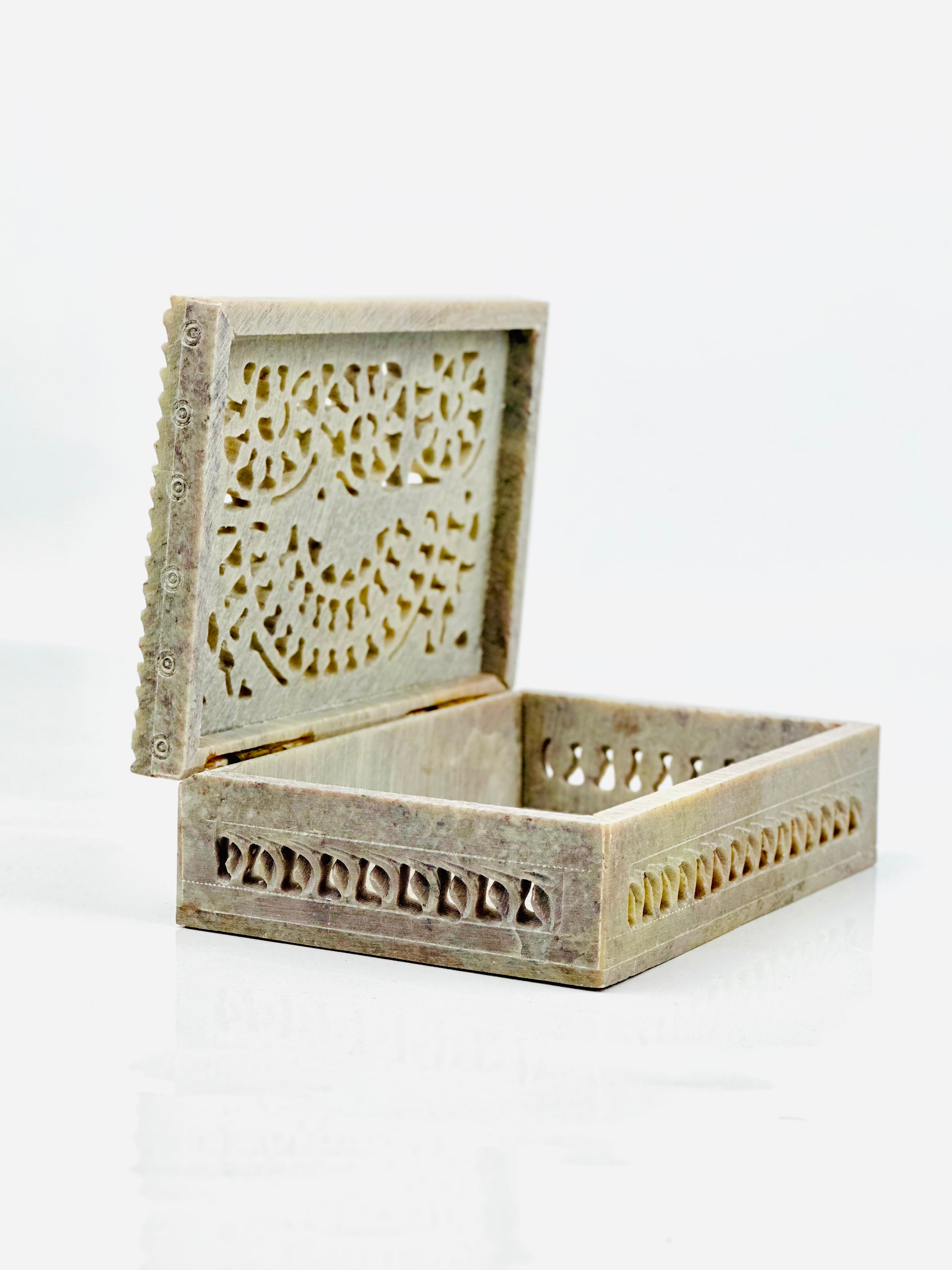 Sonata Floral Hand-Carved Soapstone Box - 6"L x 4"B x 1.5"H - Tejo