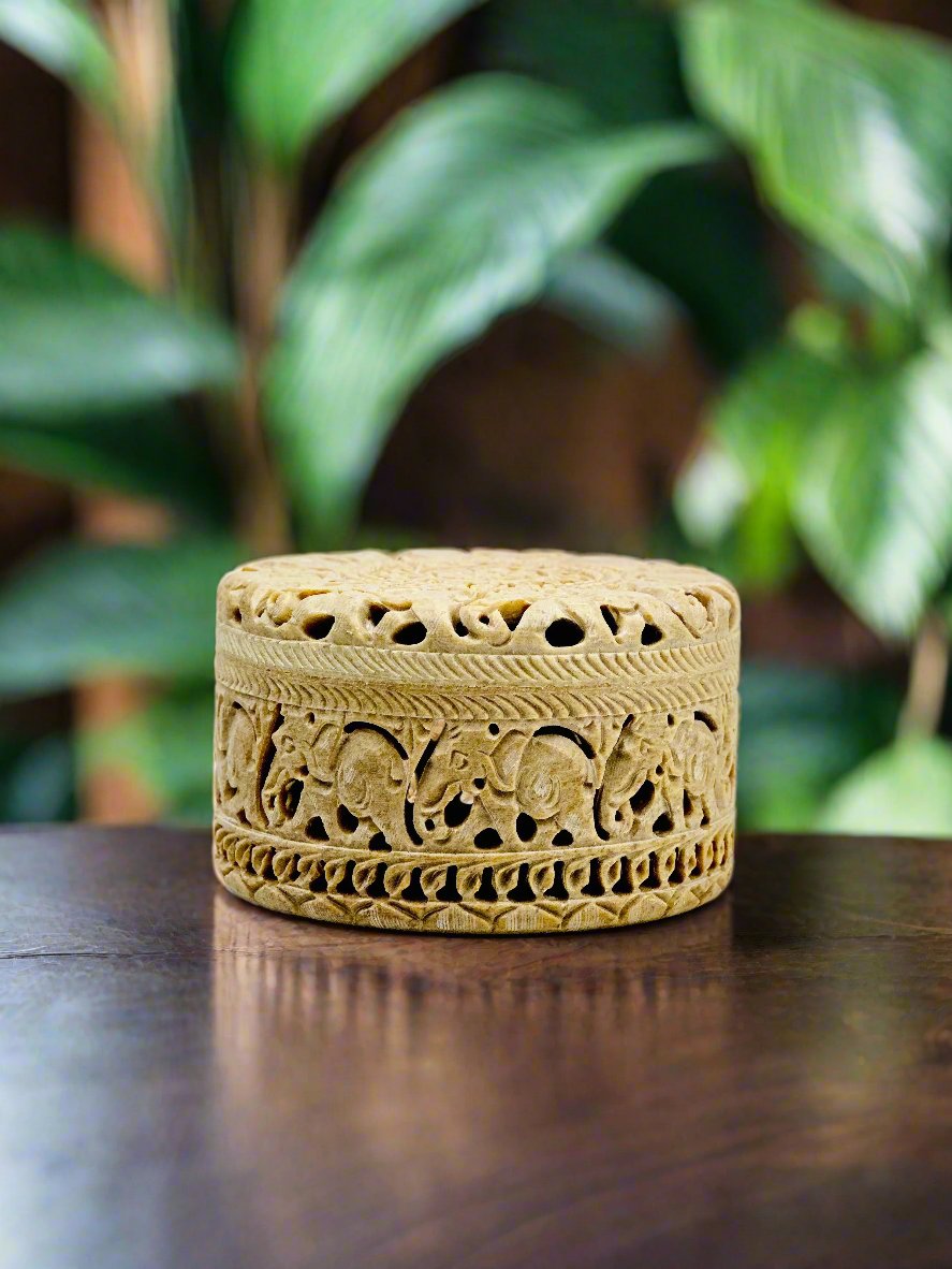 Ornate Elephant Hand-Carved Soapstone Box - 3"H x 5"D - Tejo